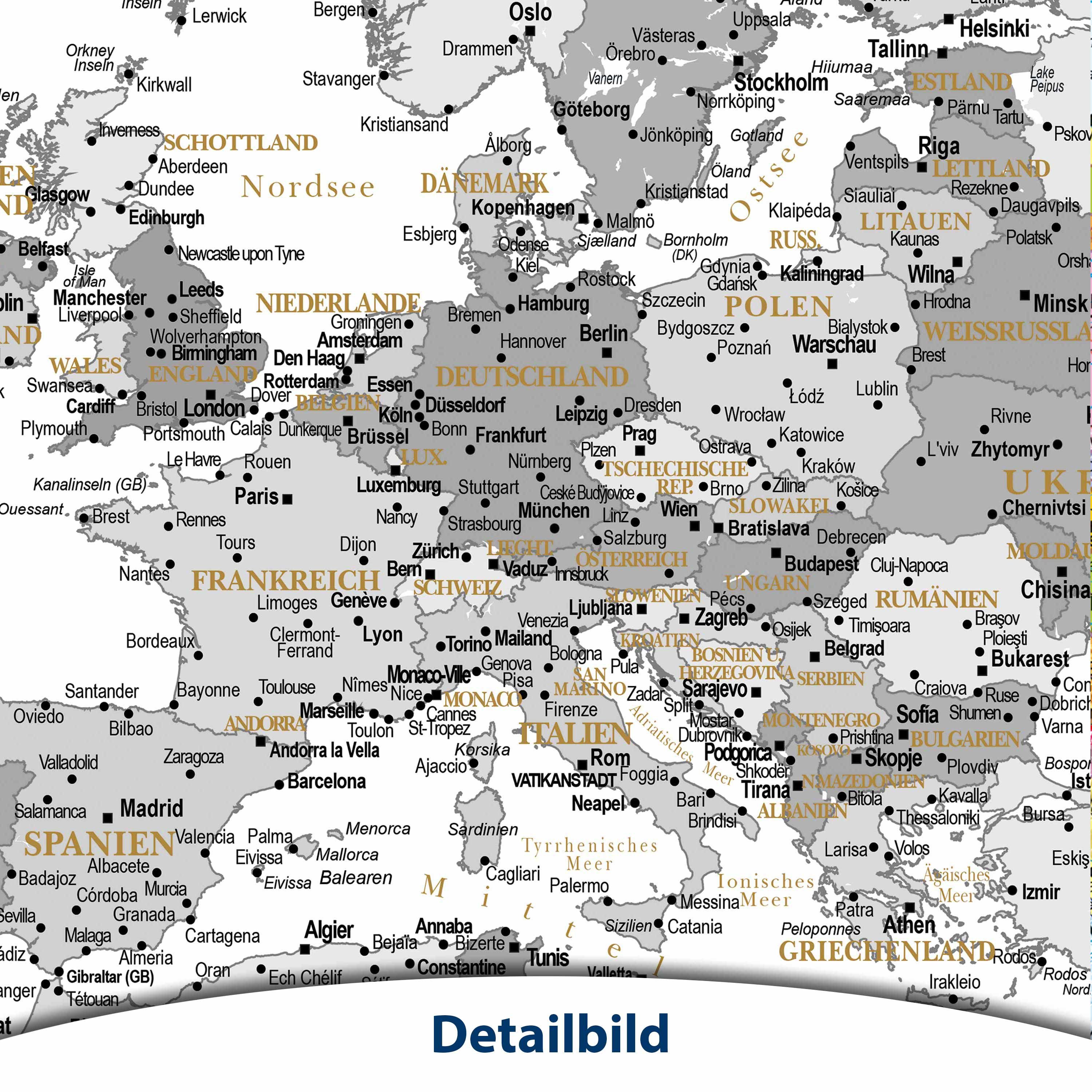 Interkart Landkarten & Globen GmbH Poster Moderne Weltkarte Weiß/Grau – Aktuelle deutsche Weltkarte, Wandbild, Bildung, Geographie, Reiseplanung
