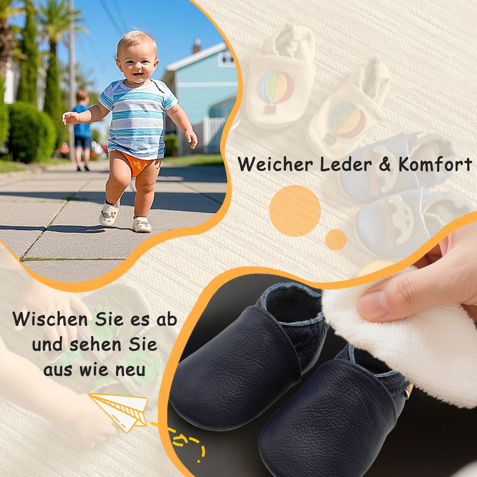 Yalion Weiche Leder Lauflernschuhe Hausschuhe Lederpuschen Dunkelblau Krabbelschuh – Bild 4 von 5
