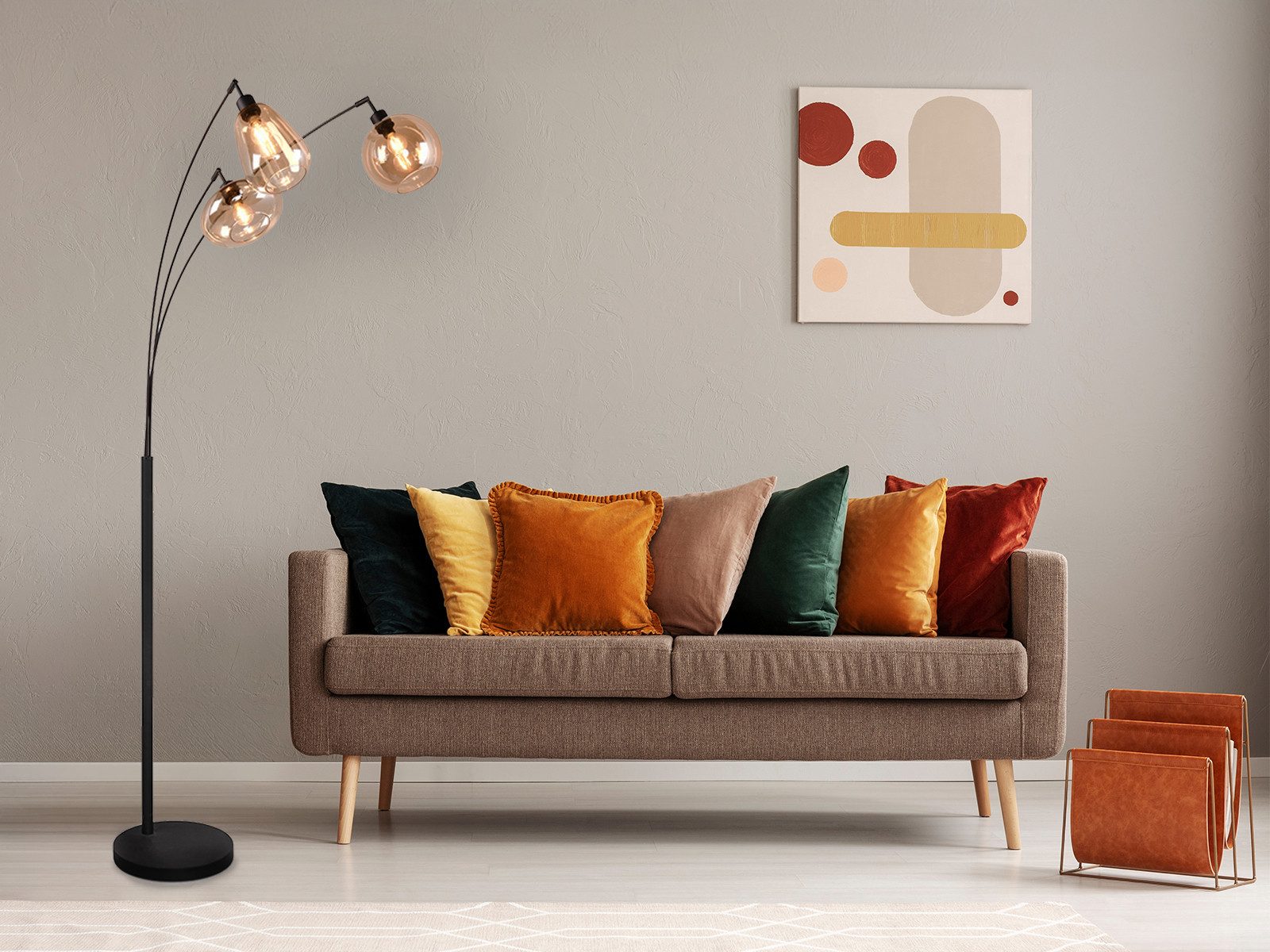 TRIO Leuchten LED Stehlampe, Dimmfunktion, LED wechselbar, warmweiß, ausgefallene moderne groß-e mit 3x Glas Lampenschirm für Ecke H: 200cm