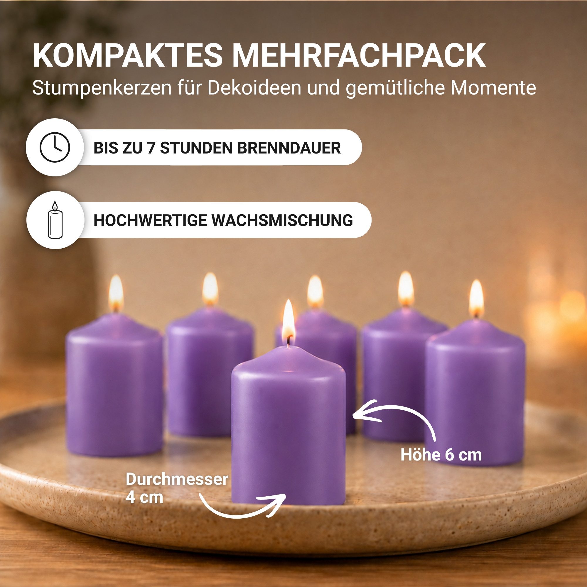 HS Candle Stumpenkerze kompakt und unparfümiert (6-tlg., Dekolicht), Ø4xH6 cm Teelichtgröße, bis zu 7h Brenndauer je Kerze, Wachsmischung