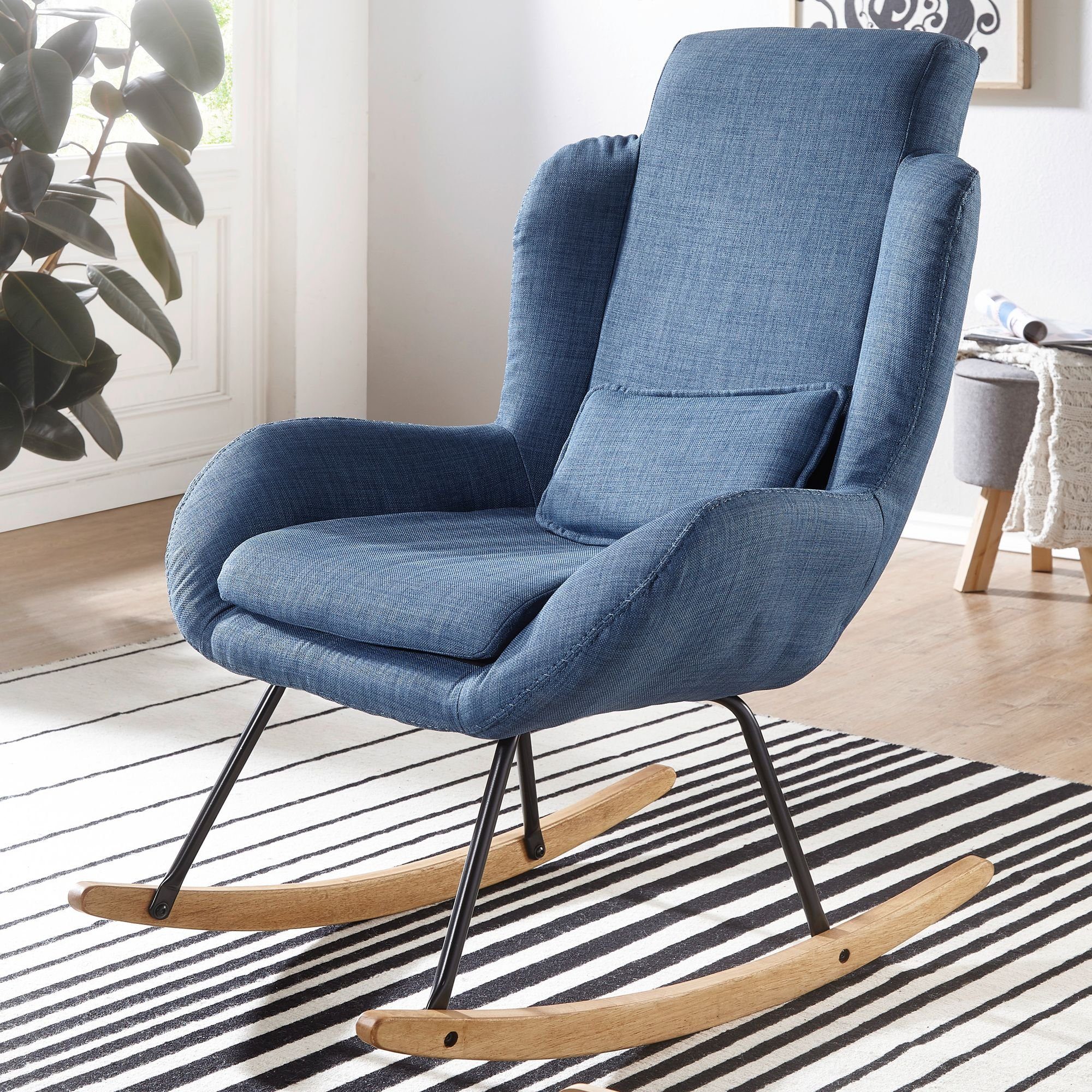 Wohnling Schaukelsessel WL5.800 88,5 Schwingstuhl cm), 75 (CAPRI Relaxsessel x x Schwingsessel Moderner Blau, Stoff 110 Relaxstuhl