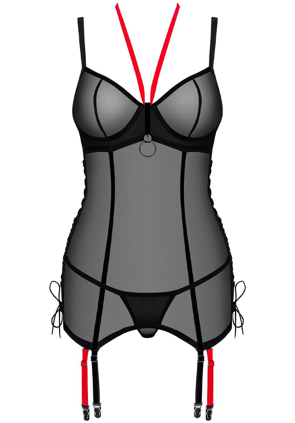 Corset - Obsessive Strumpfhaltern Set: mit rot Bügel-BH schwarz, Transparentes