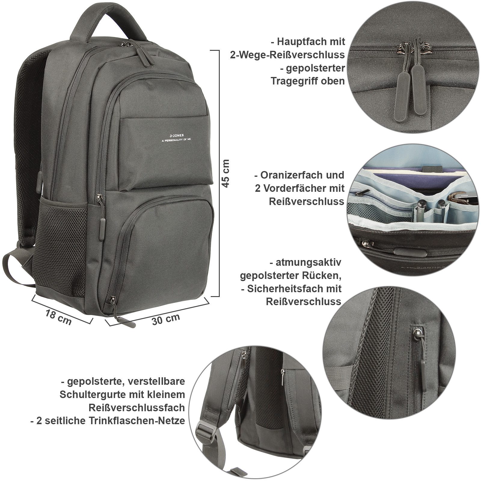 J JONES JENNIFER JONES Daypack Großer Business Rucksack mit Laptopfach 17" gepolstert, Organizerfach, mit Laptopfach