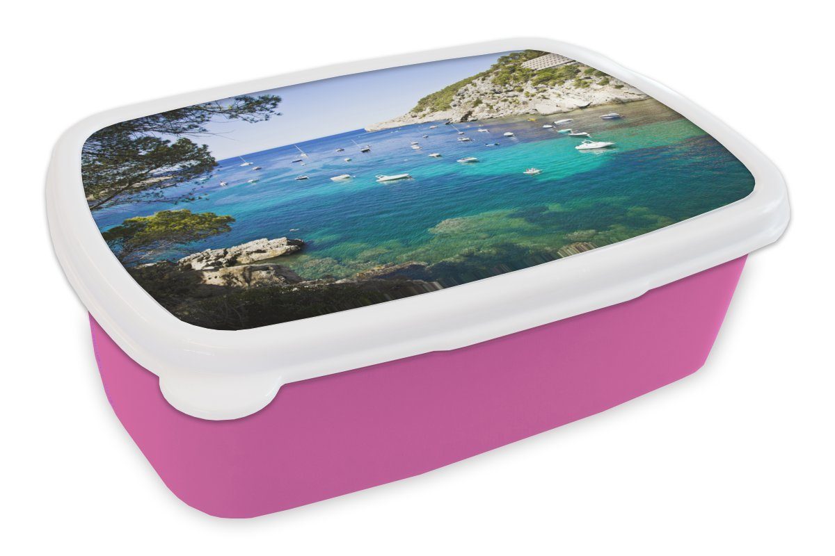 MuchoWow Lunchbox Meer bei Portinatx auf Ibiza, Kunststoff, (2-tlg), Brotbox für Erwachsene, Brotdose Kinder, Snackbox, Mädchen, Kunststoff rosa