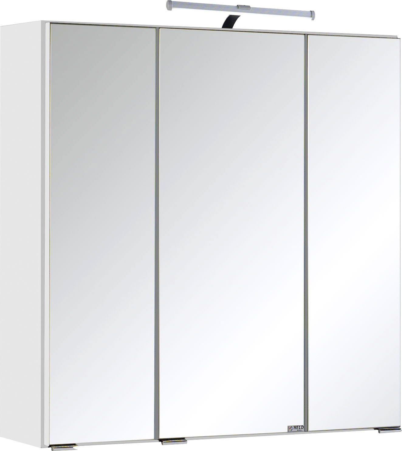 welltime Badmöbel-Set "Trento", Badezimmer-Set, Hängeschrank, Unterschrank, Hochschrank, (5-St), Waschbeckenunterschrank, Spiegelschrank inkl. Aufbauleuchte