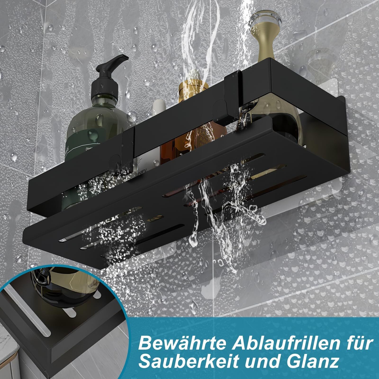 ZcScoery Duschregal Duschablage Edelstahl Schwarz, ohne Bohren, Badregal Set 2-teilig, Duschablagen-Set aus Edelstahl für Bad & Küche, bohrfrei, Rostfrei, selbs – Bild 5 von 5