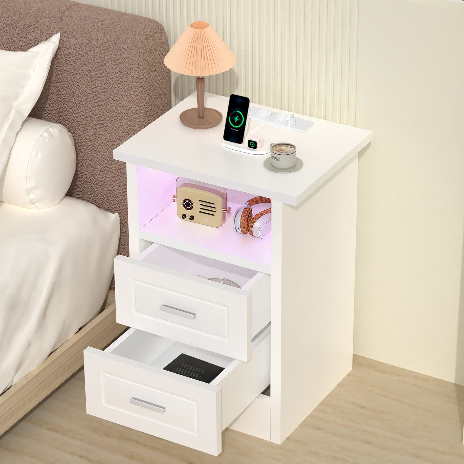 oyajia Nachttisch mit Beleuchtung LED und Ladefunktion USB & Type-C, Nachtschrank mit 2 Schubladen und 1 offener Ablage