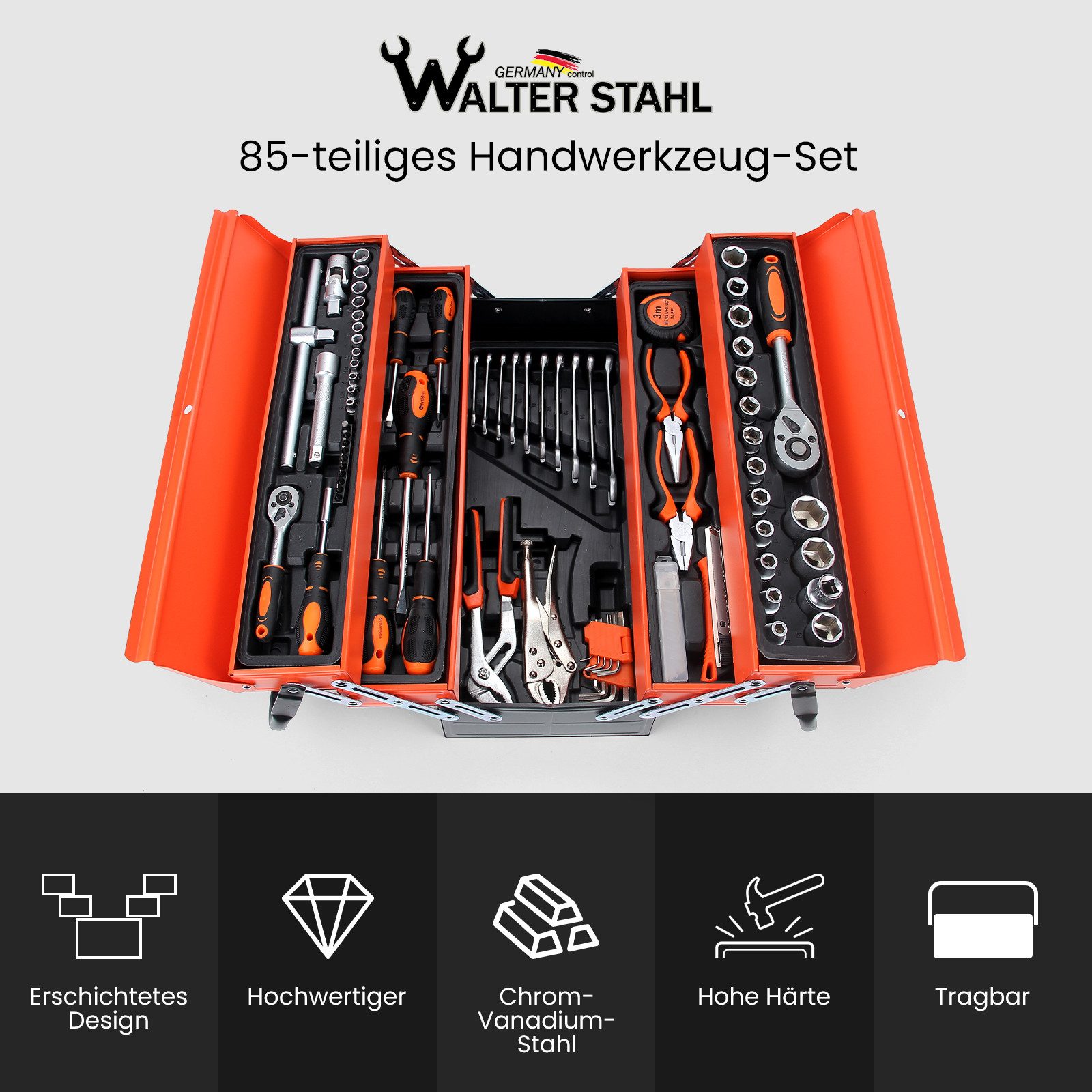 Walter Stahl Germany control Werkzeugset 85-tlg. Werkzeugkoffer, Steckschlüsselsatz, (Set, 85-tlg., 85-tlg Werkzeugkoffer), 1/2"&1/4" STECKSCHLÜSSEL