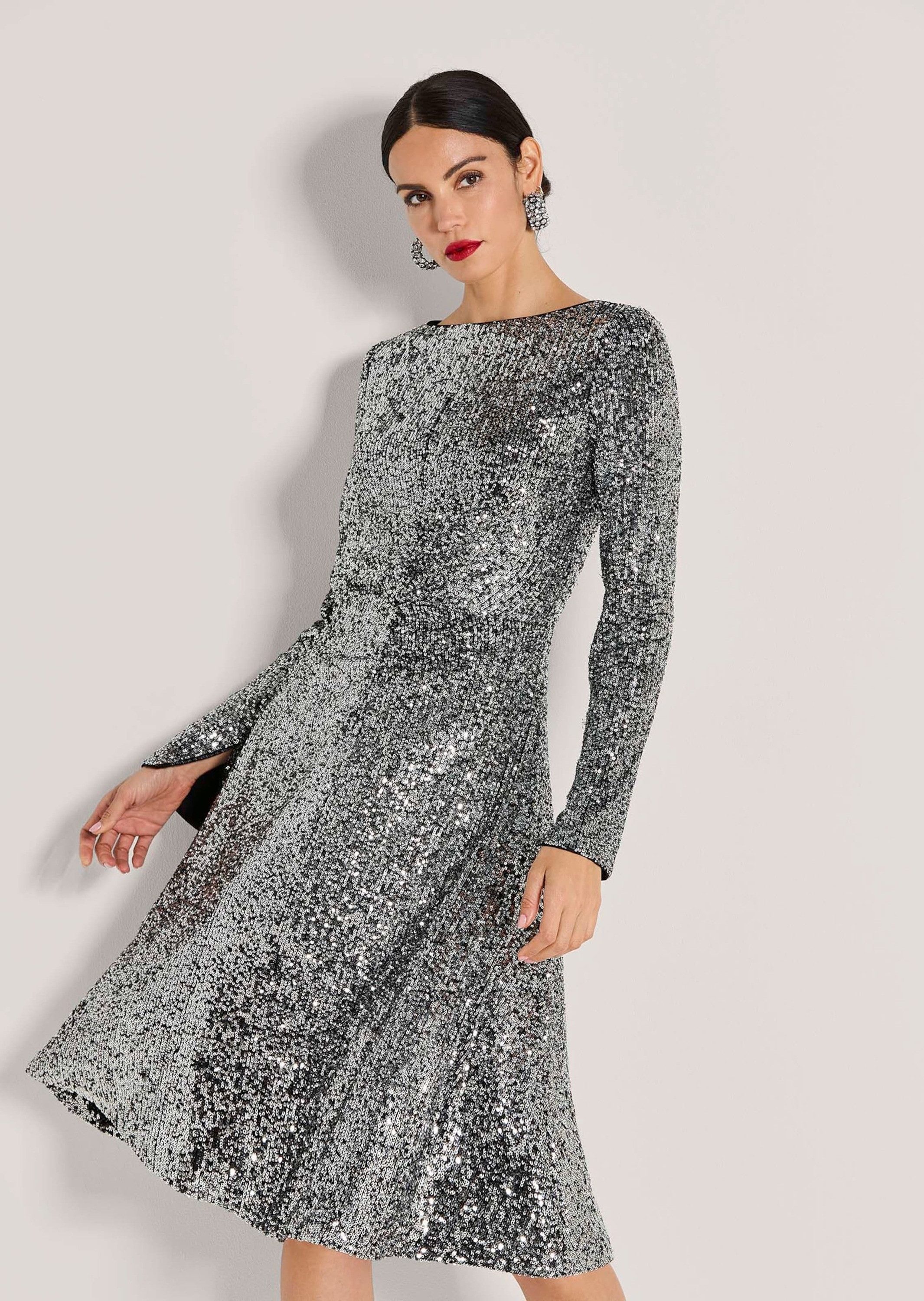 MADELEINE Midikleid Abendkleid mit Glanzeffekt Stilvolles Eventkleid mit U-Boot-Ausschnitt und Langarm