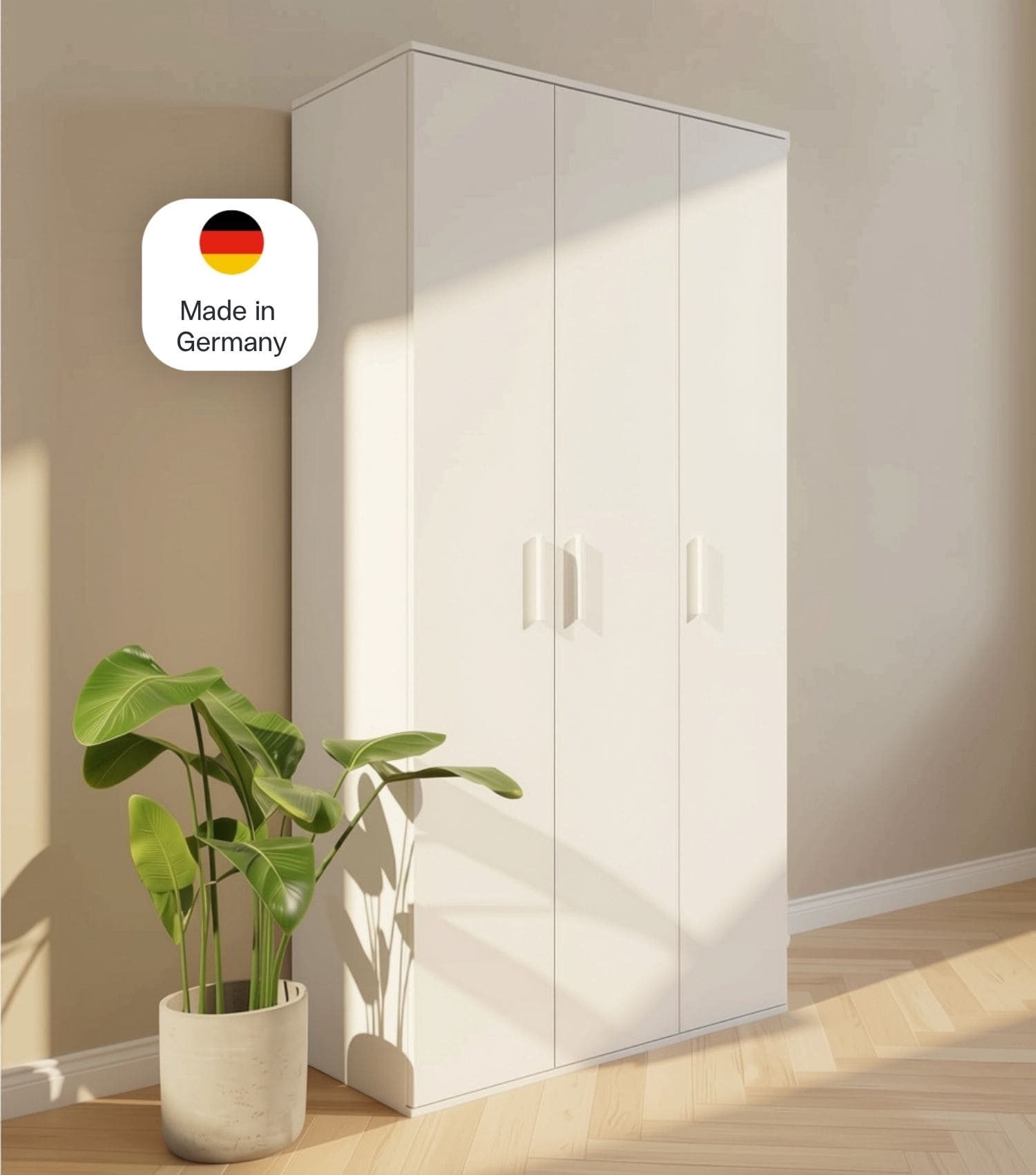 mokebo Mehrzweckschrank Trio Haushaltsschrank 3-türig Schrank weiß (89x180 cm, inkl. Staubsaugerfach) Made in Germany, Putzschrank, Besenschrank, Flurschrank aus Holz