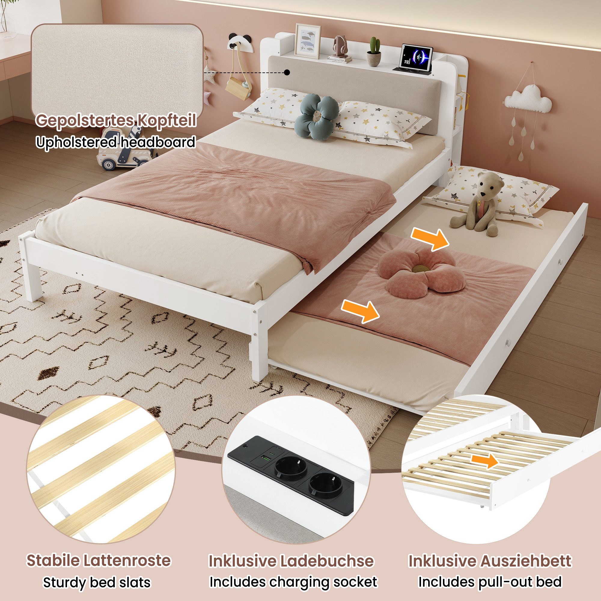 i@home Funktionsbett 120x200 cm Weiß mit Ausziehbett 90x190 cm, Holzbett, gepolstertem Kopfteil, Kopfteilregal, Ladestation und offenem Stauraum