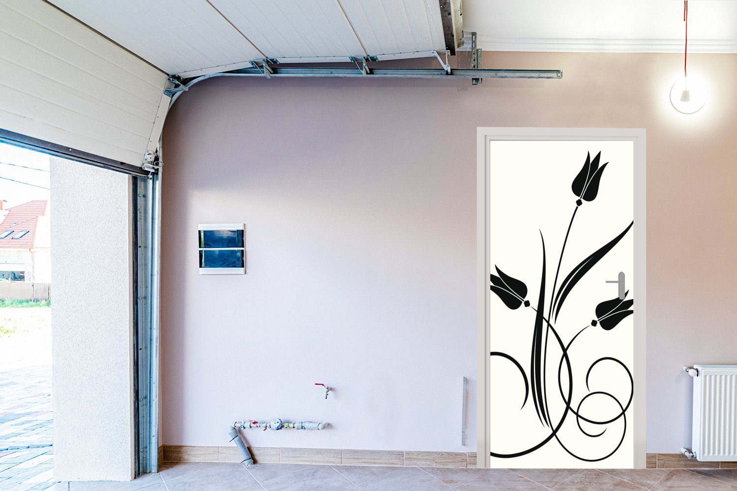 Matt, Tür, einem Hintergrund, Fototapete weißen bedruckt, MuchoWow Türtapete für Tulpen auf Illustration 75x205 cm von Eine Türaufkleber, St), schwarzen (1