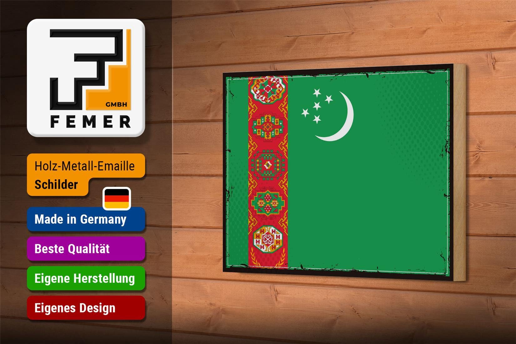Femer GmbH Holzbild Flagge Turkmenistans 18x12cm Retro Turkmenistan, Flaggen (1 St), Glatte Holzfaserplatte (MDF), vorn beschichtet