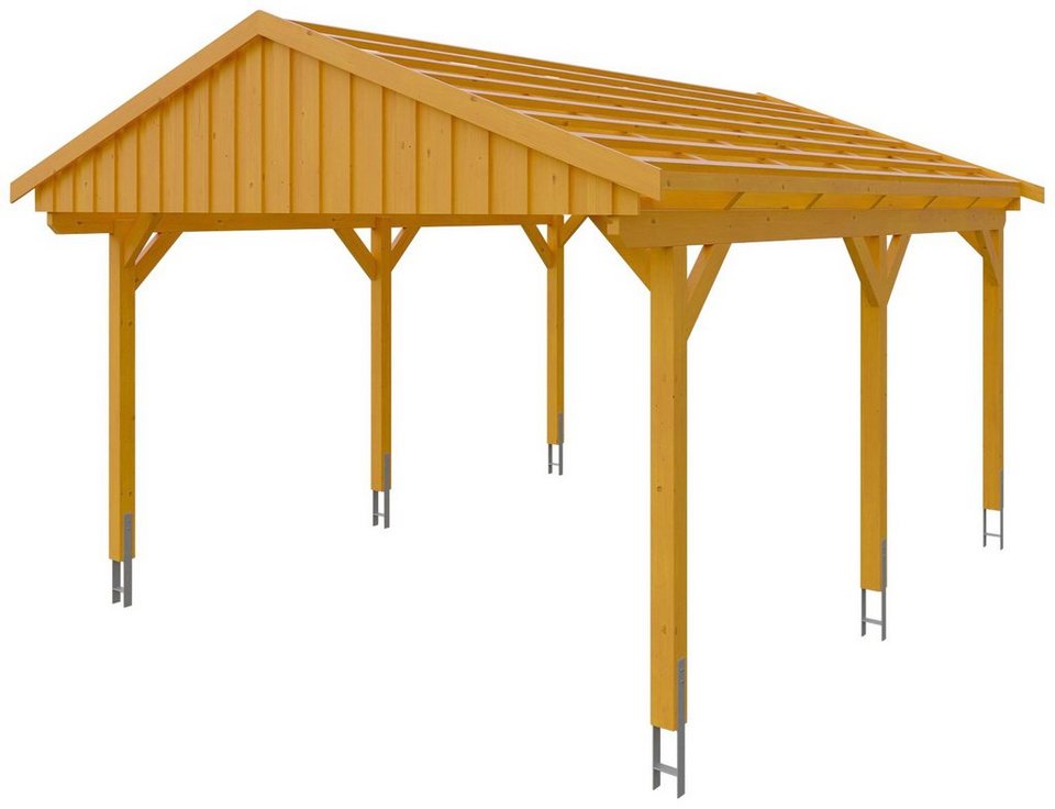 Skanholz Einzelcarport Fichtelberg, BxT: 423x566 cm, 379 cm Einfahrtshöhe,  mit Dachlattung, Satteldach-Carport, farblich behandelt in eiche hell