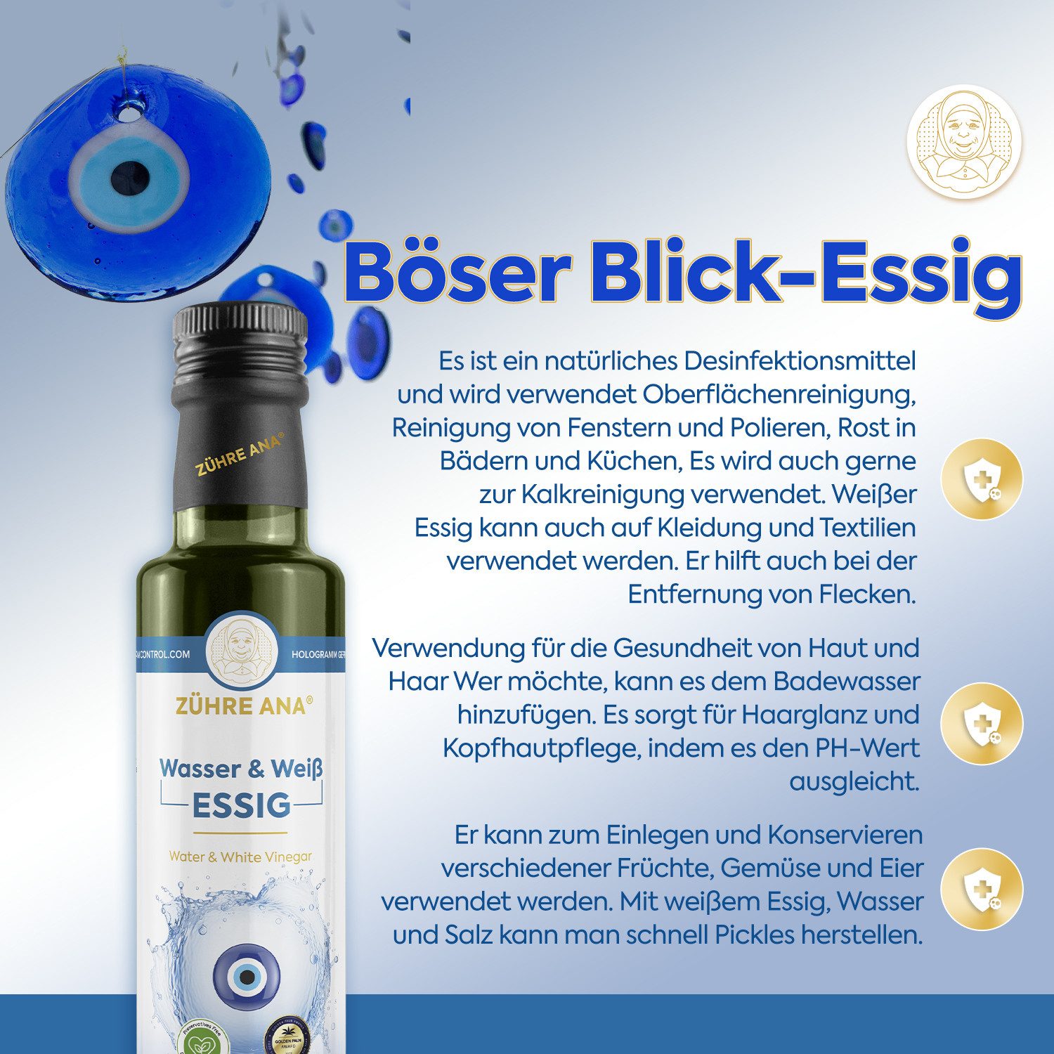 Zühre Ana® Wasser und weißer Essig - Wirksam gegen Kalk, Rost und Flecken. Essig, 500 ml, Geeignet für die Haut- und Haarpflege.