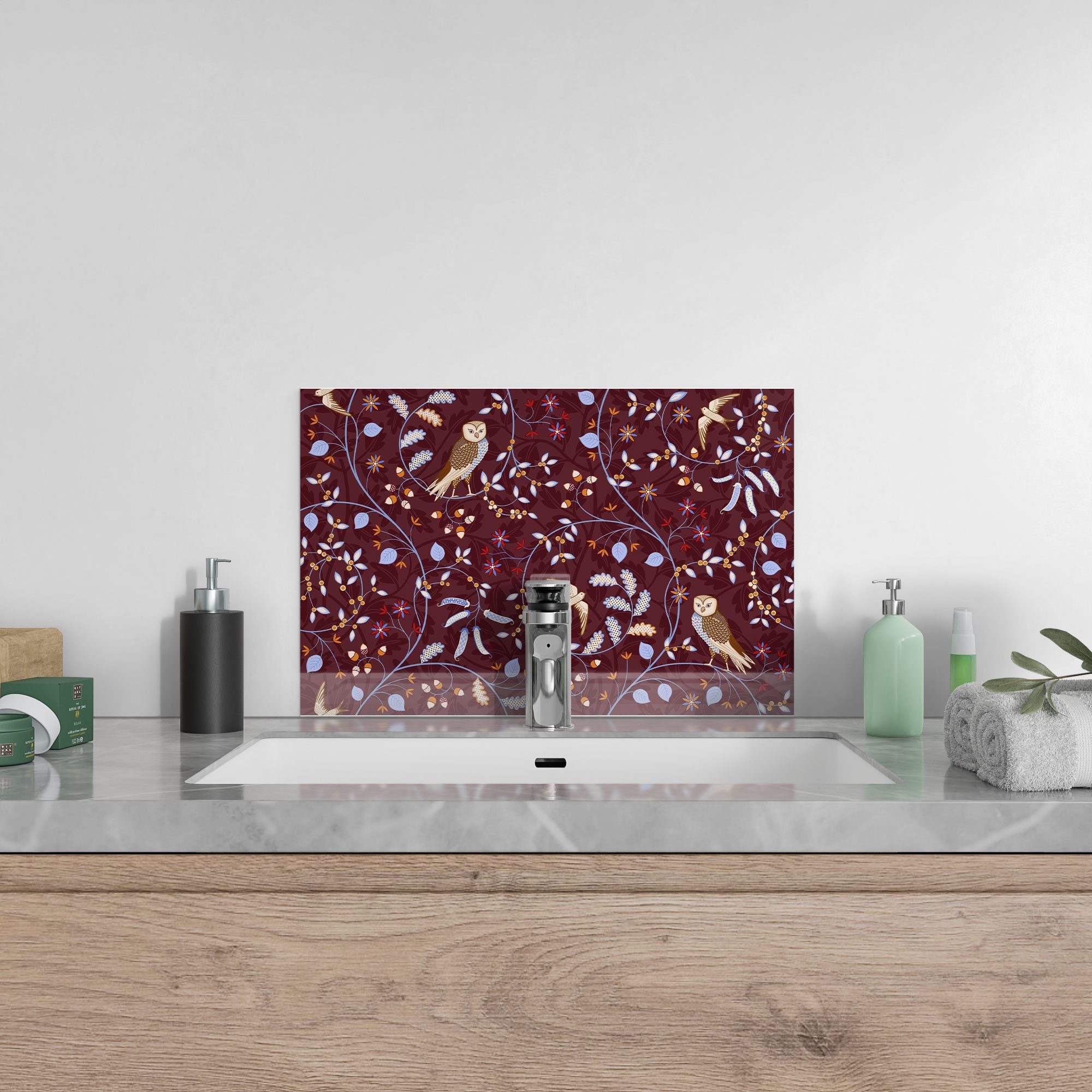 Badrückwand Glas 'Eulen Herdblende DEQORI Spritzschutz in Blätterranken', Küchenrückwand