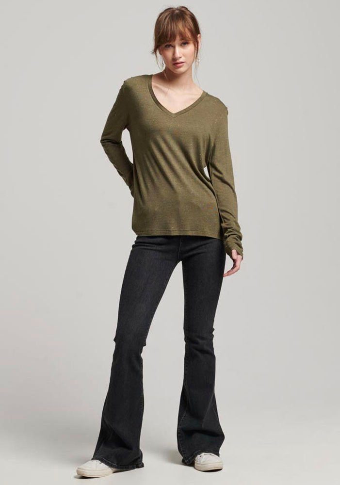 Khaki V SLEEVE LONG NECK Metallic TOP Langarmshirt JERSEY Superdry