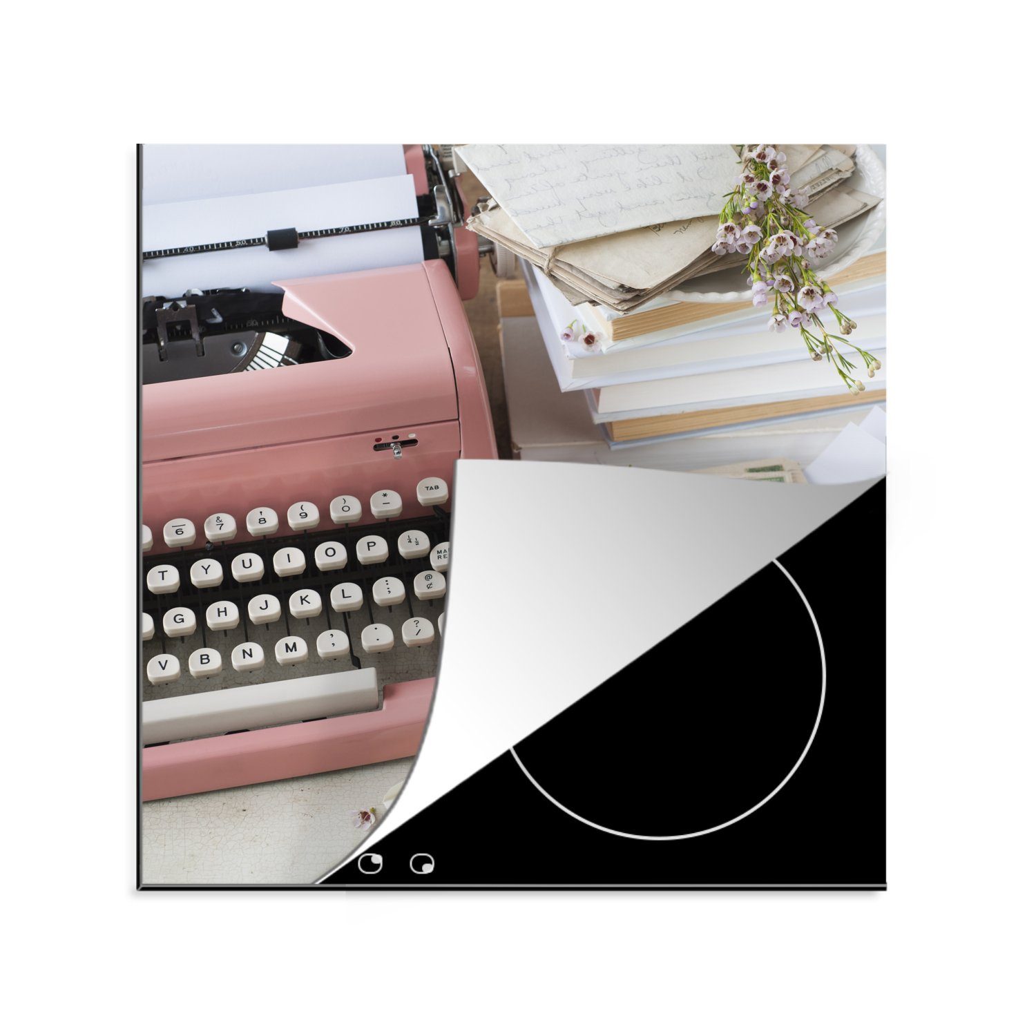 MuchoWow Herdblende-/Abdeckplatte Briefe mit einer rosa Schreibmaschine, Vinyl, (1 tlg), 78x78 cm, Ceranfeldabdeckung, Arbeitsplatte für küche