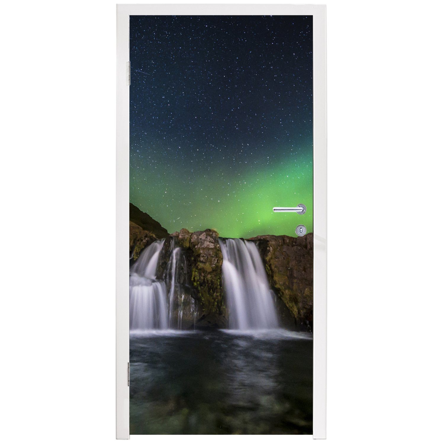 MuchoWow Türtapete Türaufkleber, 75x205 - Island Wasserfall bedruckt, (1 - St), cm Natur, - für Matt, Nordlicht Fototapete Tür