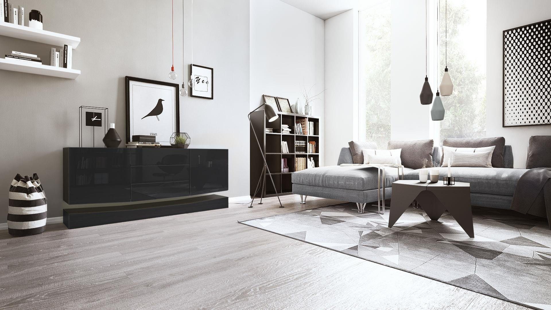 Vladon Sideboard City (Kommode, mit 2 Türen und 3 Schubladen), Schwarz matt/Schwarz Hochglanz (178 x 72 x 38 cm)
