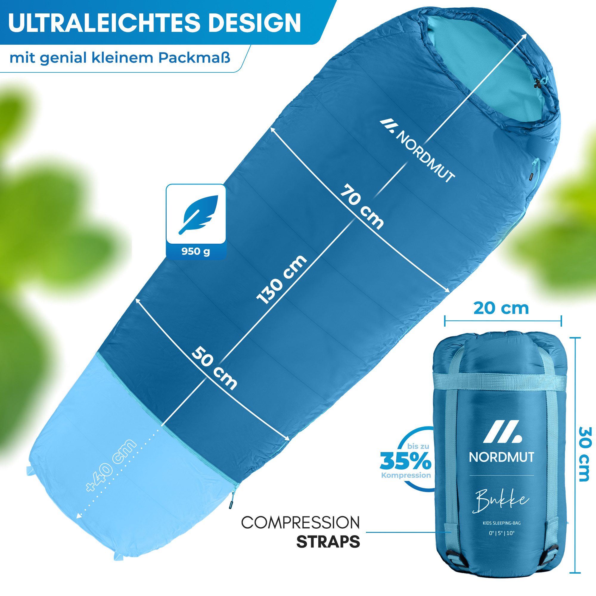 Nordmut Mumienschlafsack für Kinder mitwachsend, 3 Jahreszeiten, Camping Outdoor, leicht, warm (Spar-Set, 1 tlg., Nordmut Bukke + Kompressionsbeutel + Sticker), – Bild 5 von 5