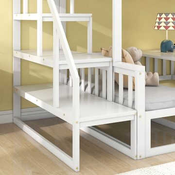 EXTSUD Etagenbett Platzsparendes Etagenbett mit Treppe, verstellbarer Tisch, Weiß (90x200cm&120*200cm)