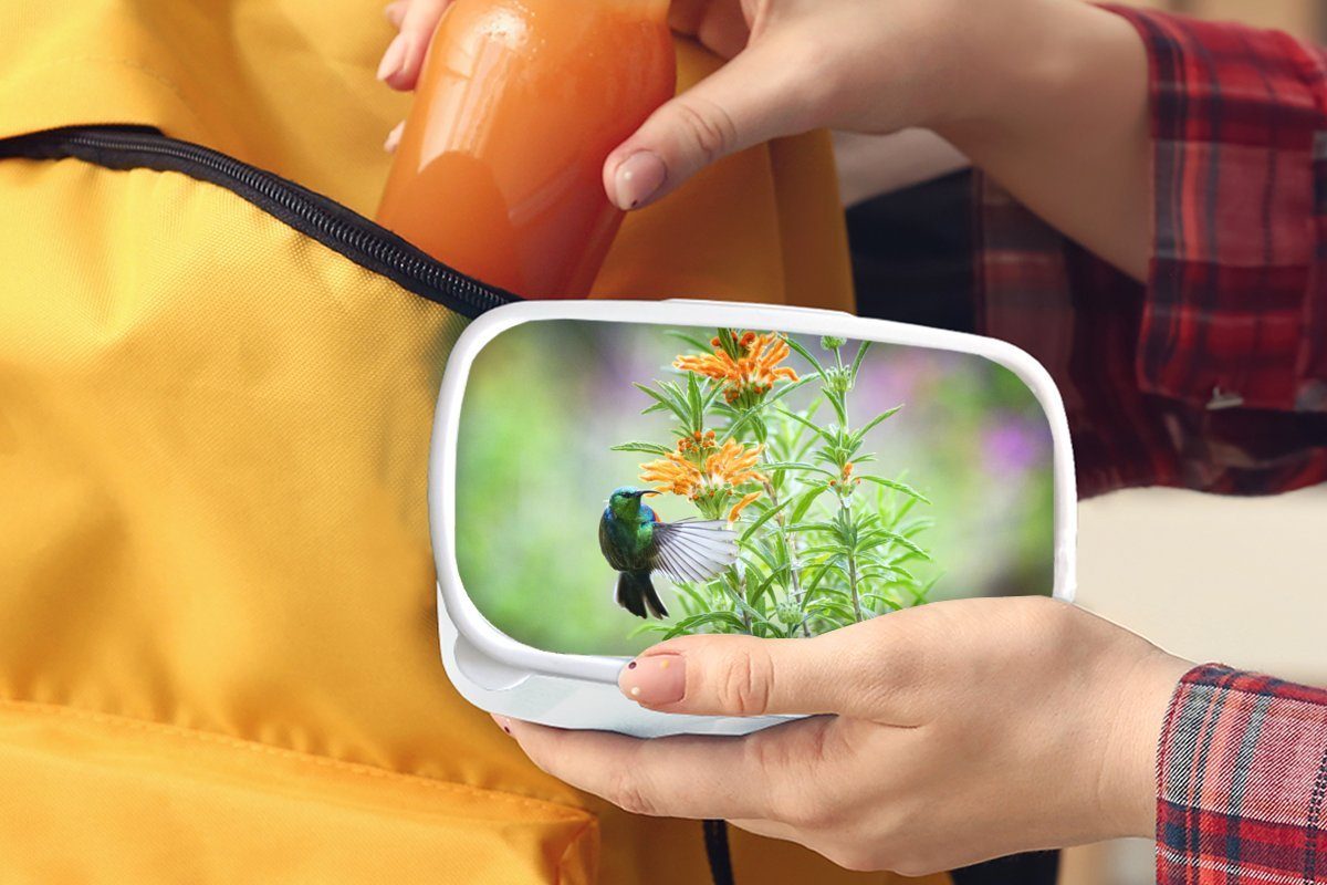 Pflanzen (2-tlg), orangefarbenen, weiß eines Kunststoff, Jungs neben MuchoWow Kinder mit Vogels und für Erwachsene, bunten und Mädchen Nahaufnahme für Brotdose, Brotbox Lunchbox