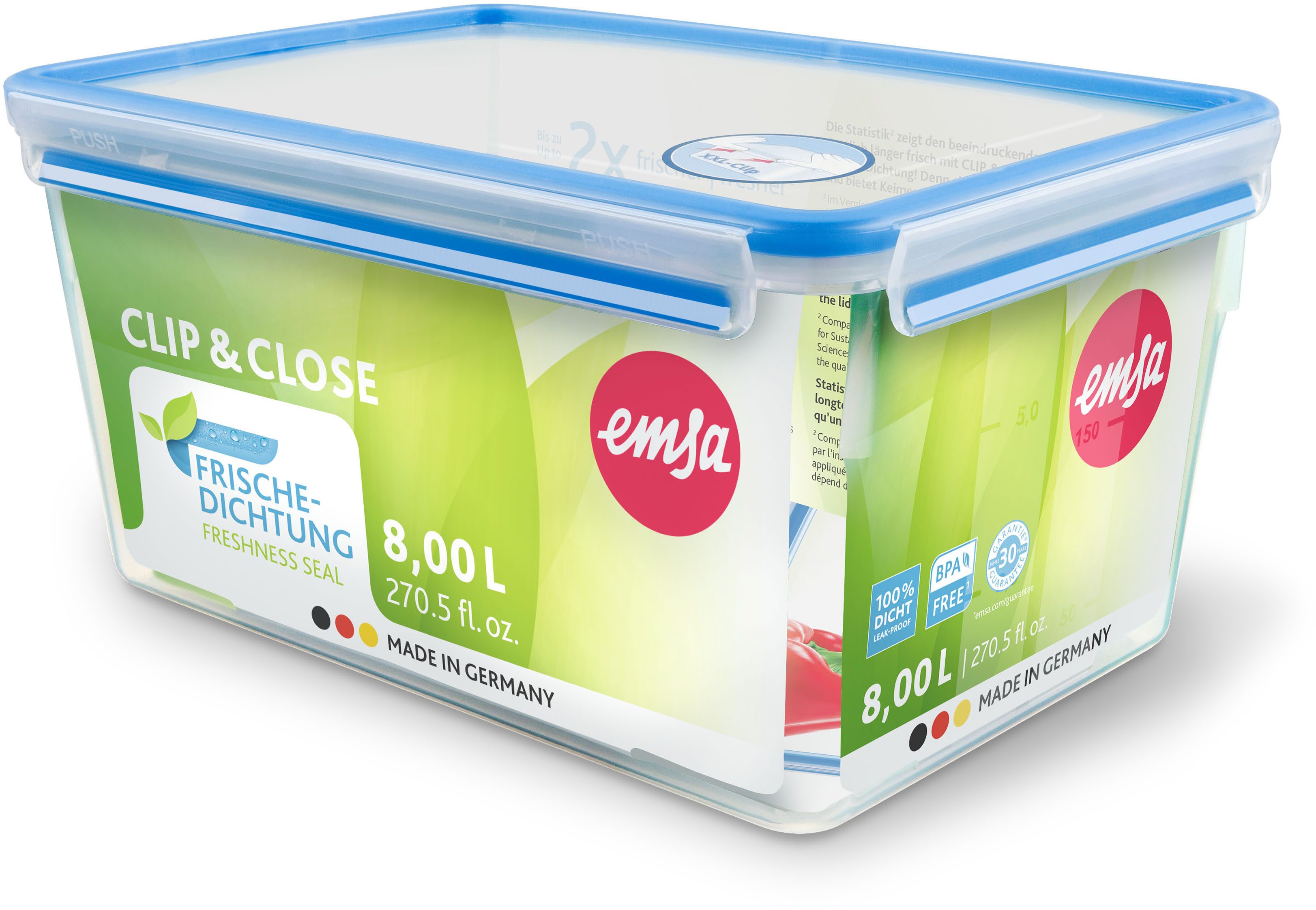 Emsa Frischhaltedose Clip & Close, Polyprophylen (PP), (2-tlg), 8 Liter, rechteckig, Clipbox, dicht, hygienisch, spülmaschinenfest