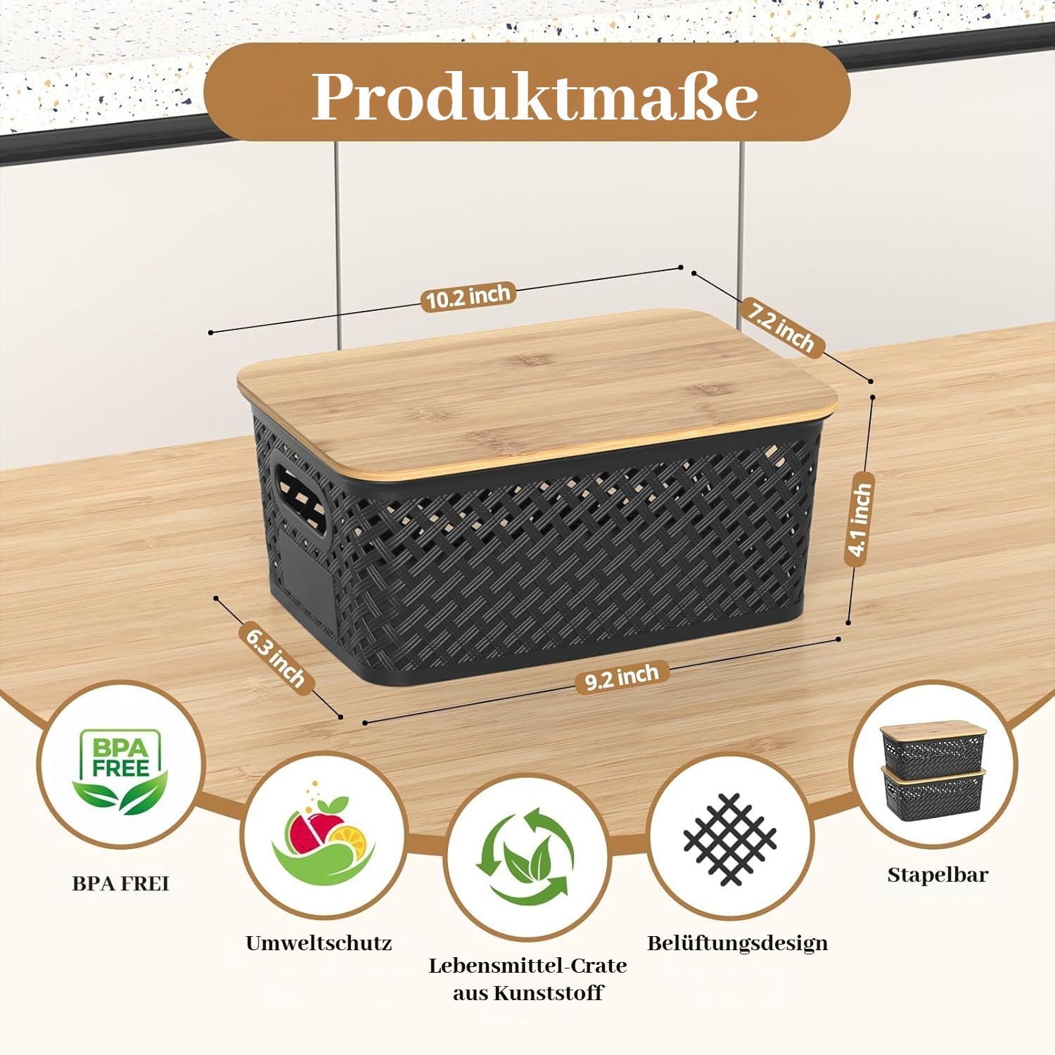 BlingBin Aufbewahrungsbox 6er-Set Aufbewahrungskorb mit Bambus Deckel, 5L Kunststoff Korb (6er Set, 6 St., 25,4 × 18,4 × 10,7 cm), Küchen Aufbewahrungsboxen für Regale, Schränke, Schränke und Zuhause