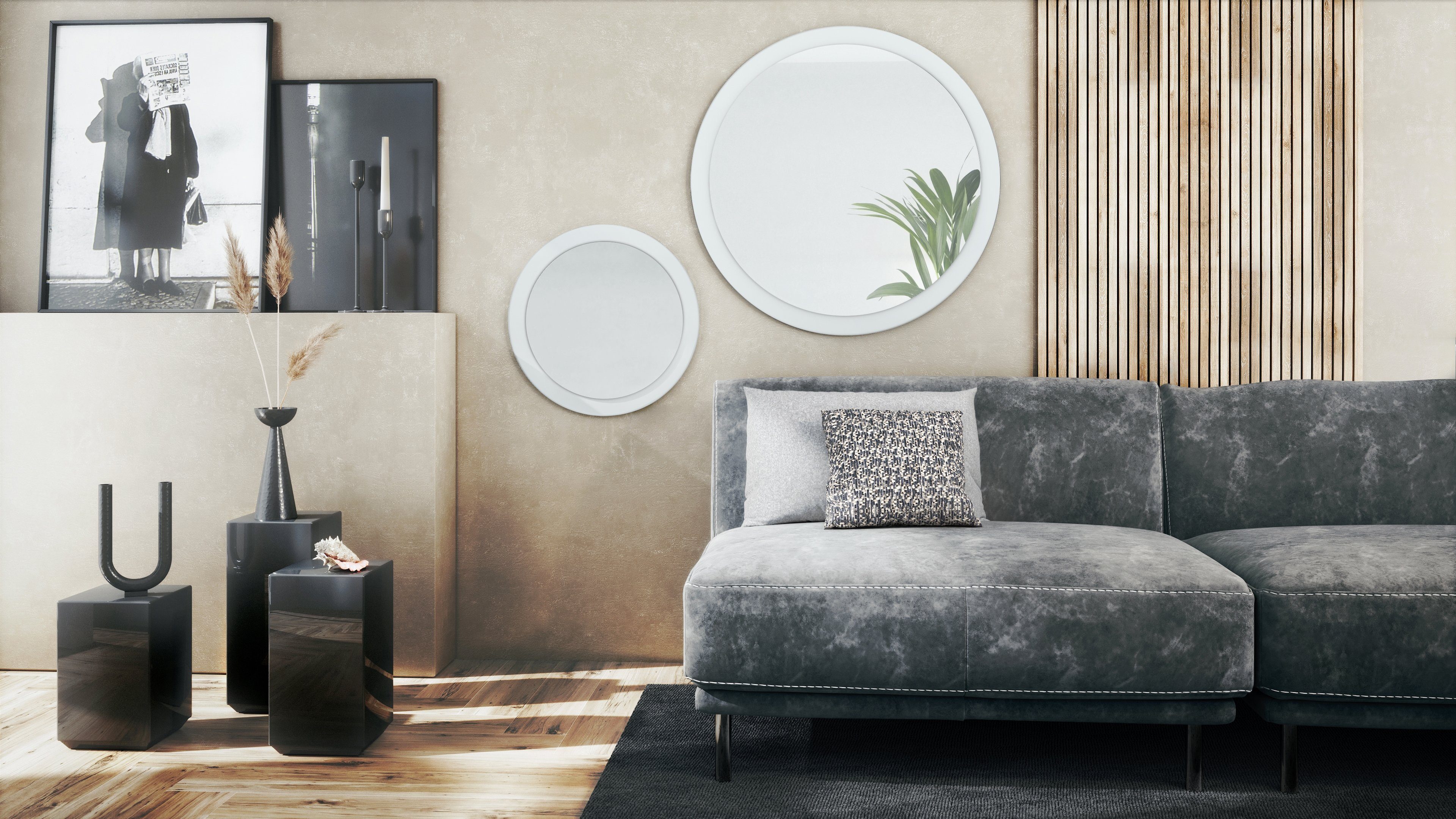 und (50 in Vladon Spiegel, (2 Flur mit runde matt Globe dekorative MDF-Rahmen), Wohnzimmer cm 80 Wandspiegel Durchmesser) für Weiß und