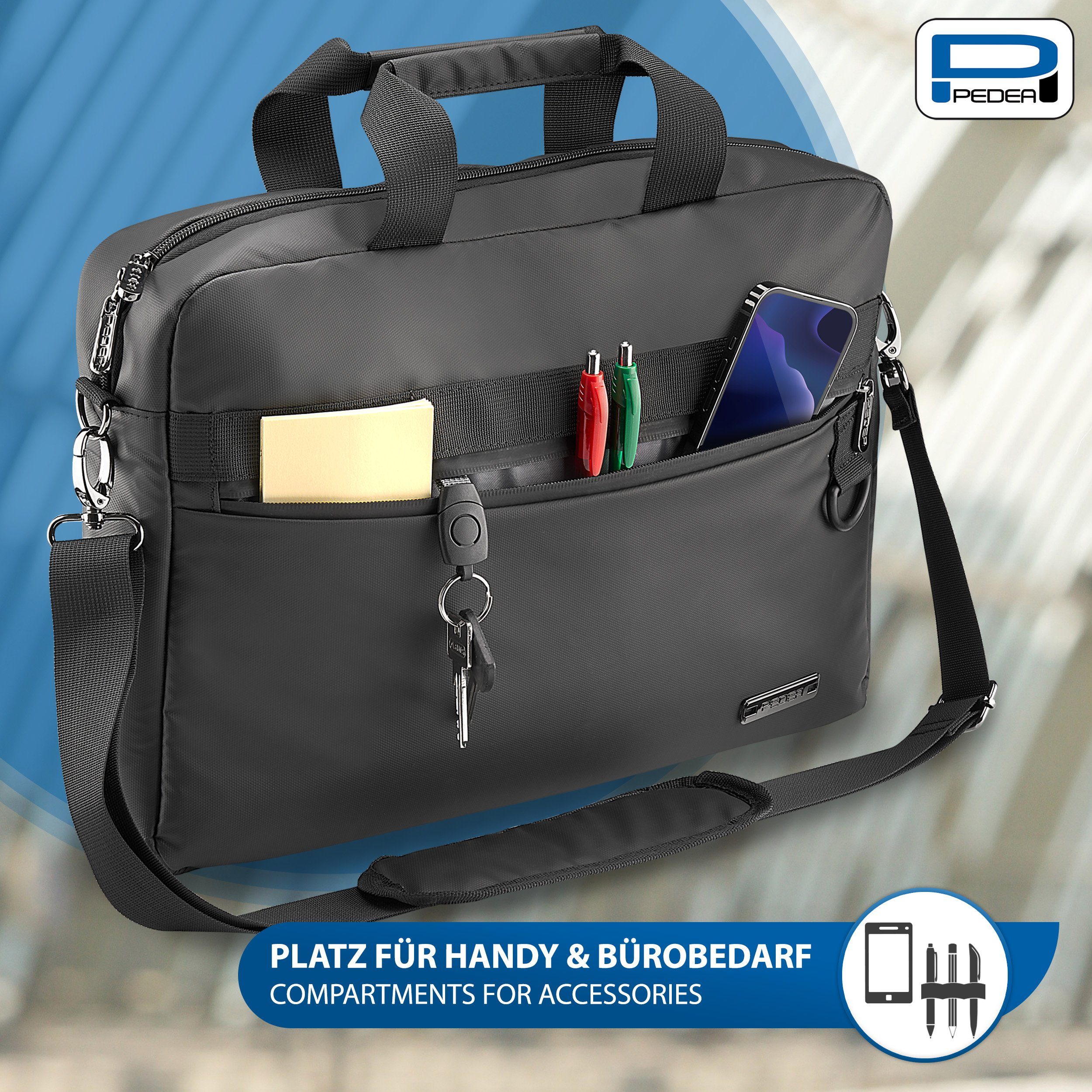 PEDEA Laptoptasche CLUTCH gepolsterte Notebooktasche 15,6 / 17,3 Zoll (Laptopfach ca. 40 x 27 x 7 cm), bis 15,6 Zoll (39,6 cm) gepolstert, wasserabweisend, Schultergurt