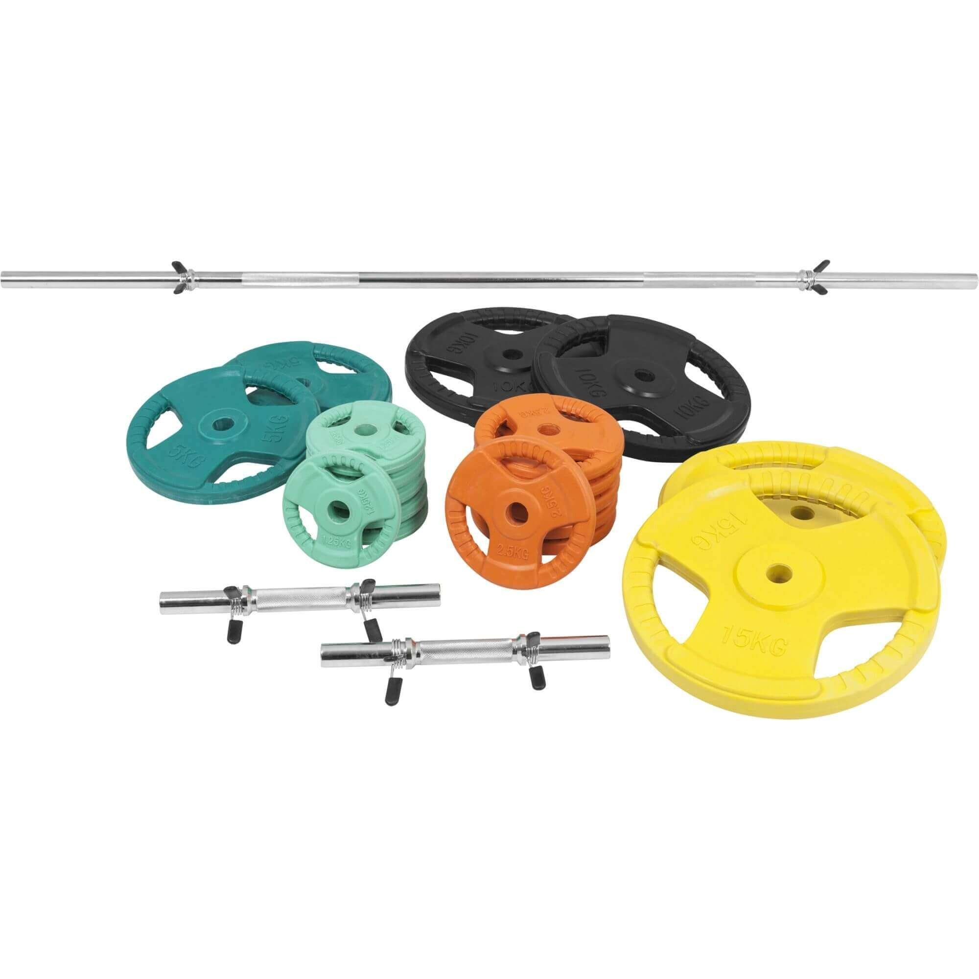 GORILLA SPORTS Hantel-Set 100 kg, gummiert Kurzhanteln, 30mm, Gusseisen 170 cm, Federverschluss Langhantelstange