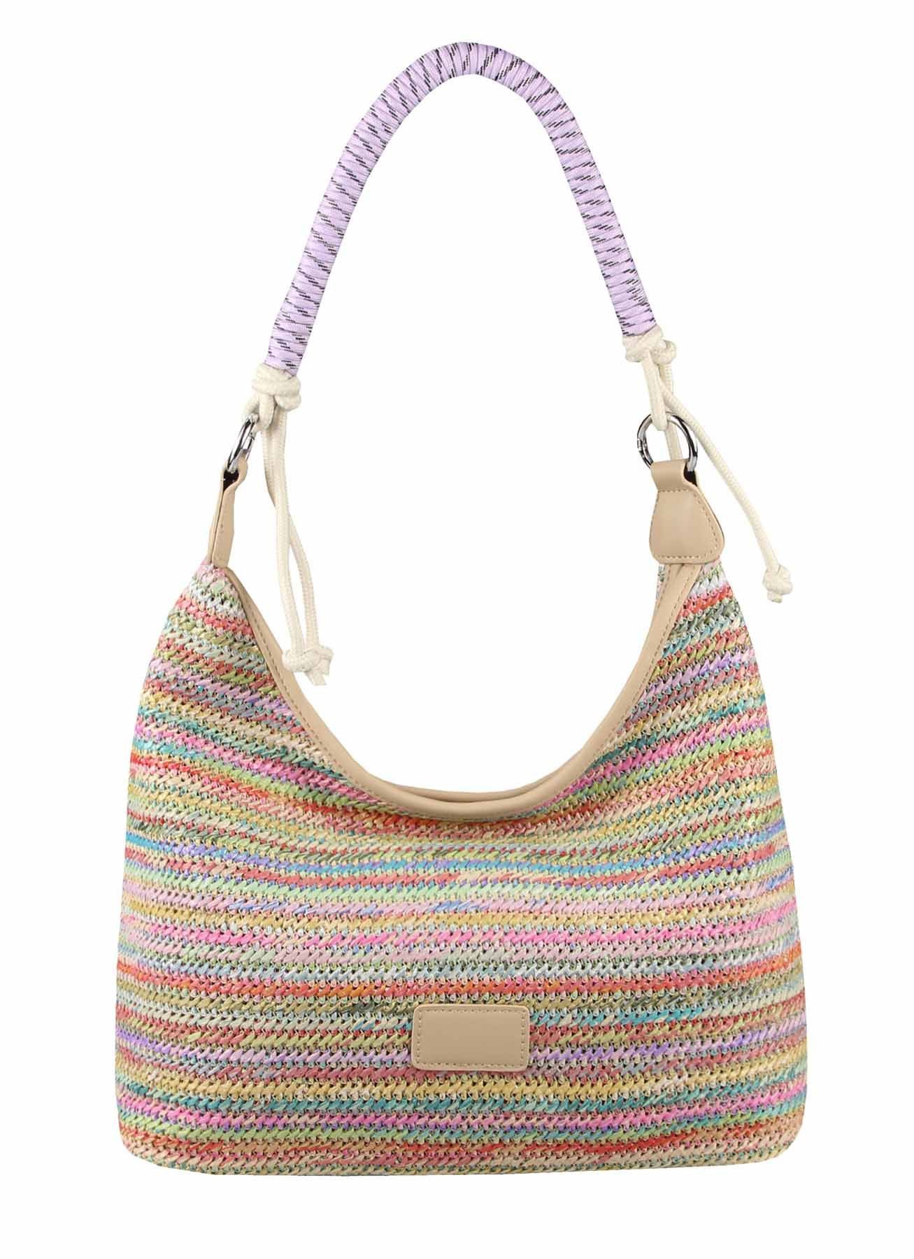 ITALYSHOP24 Schultertasche DAMEN TASCHE Strohtasche Shopper Hobo Geflecht Häkeltasche Crossbody, Boho Beuteltasche Leder Optik Sommer Basttasche Strand Reise Urlaub