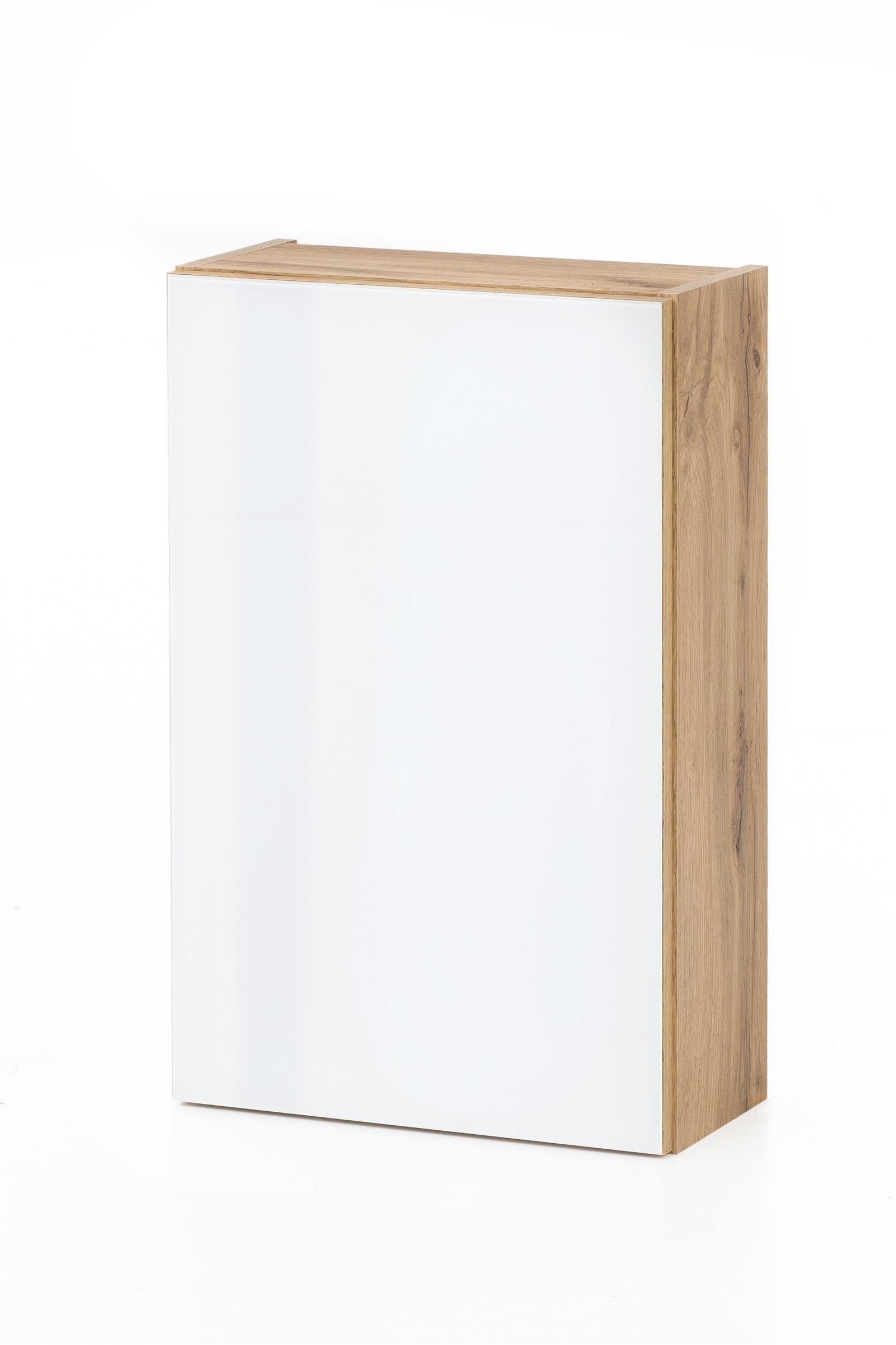 möbelando Hängeschrank Oulu Moderner Hängeschrank, Korpus aus  melaminharzbeschichteter Spanplatte in Wotaneiche, Front aus Glas in Weiß,  mit 1 Tür, 2 Einlegeböden sowie Push-to-open-Funktion, Breite 40 cm, Höhe  64 cm, Tiefe 20 cm