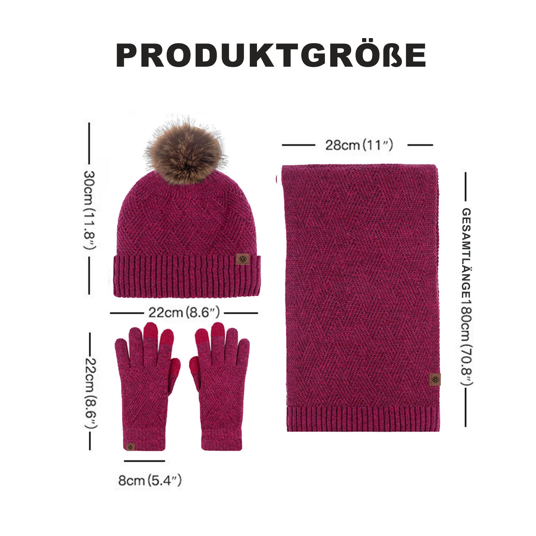 Mutig Mütze & Schal Mütze Schal Handschuh 3-Set,Gestrickte Touchscreen-Handschuhe (Winter Weich Warm,Warmes Strick-Set mit Futter,Damen Unisex, Hergestellt aus weichen Wolle,Winter Geschenk-Mehrfarbig) Geschenk zu Weihnachten, Erntedank oder Neujahr