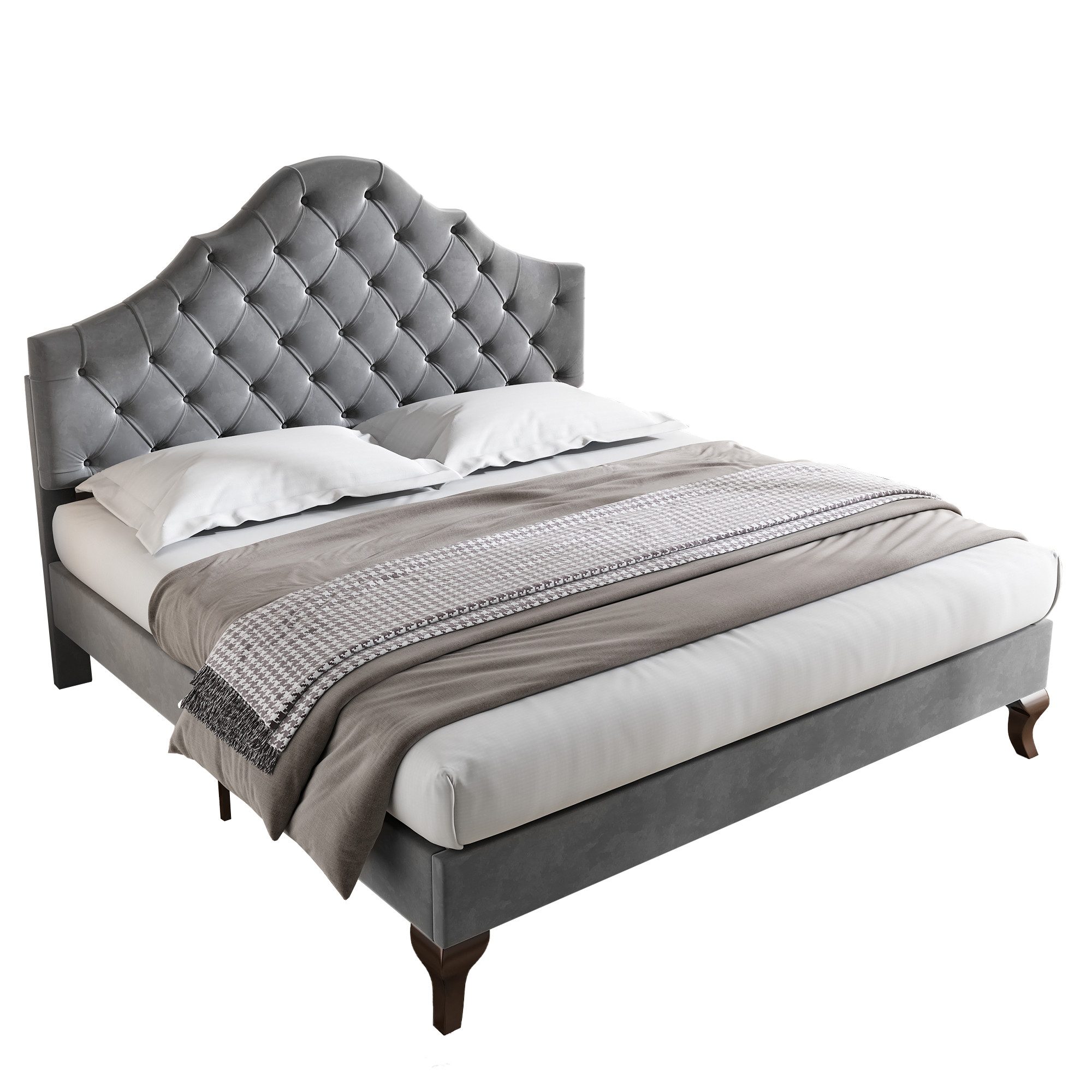 FLIEKS Polsterbett Samt Doppelbett mit höhenverstellbarem Kopfteil 140x200cm Grau