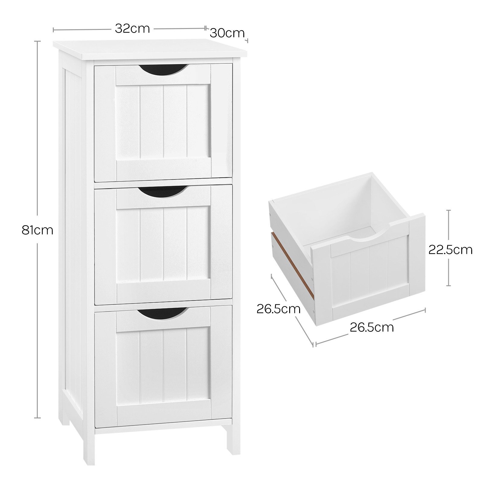Woltu Kommode, Badezimmerschrank mit 3 Schubladen, Mehrzweckschrank 32x81x30 cm, Weiß