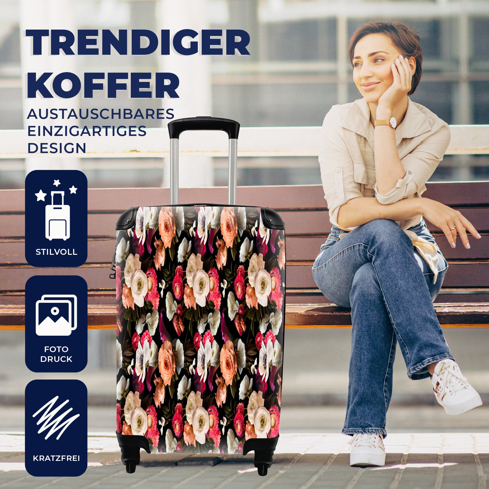 Reisekoffer für Rollen, Farbe Handgepäckkoffer Trolley, Reisetasche MuchoWow mit 4 Ferien, - Handgepäck rollen, Muster, Blumen -