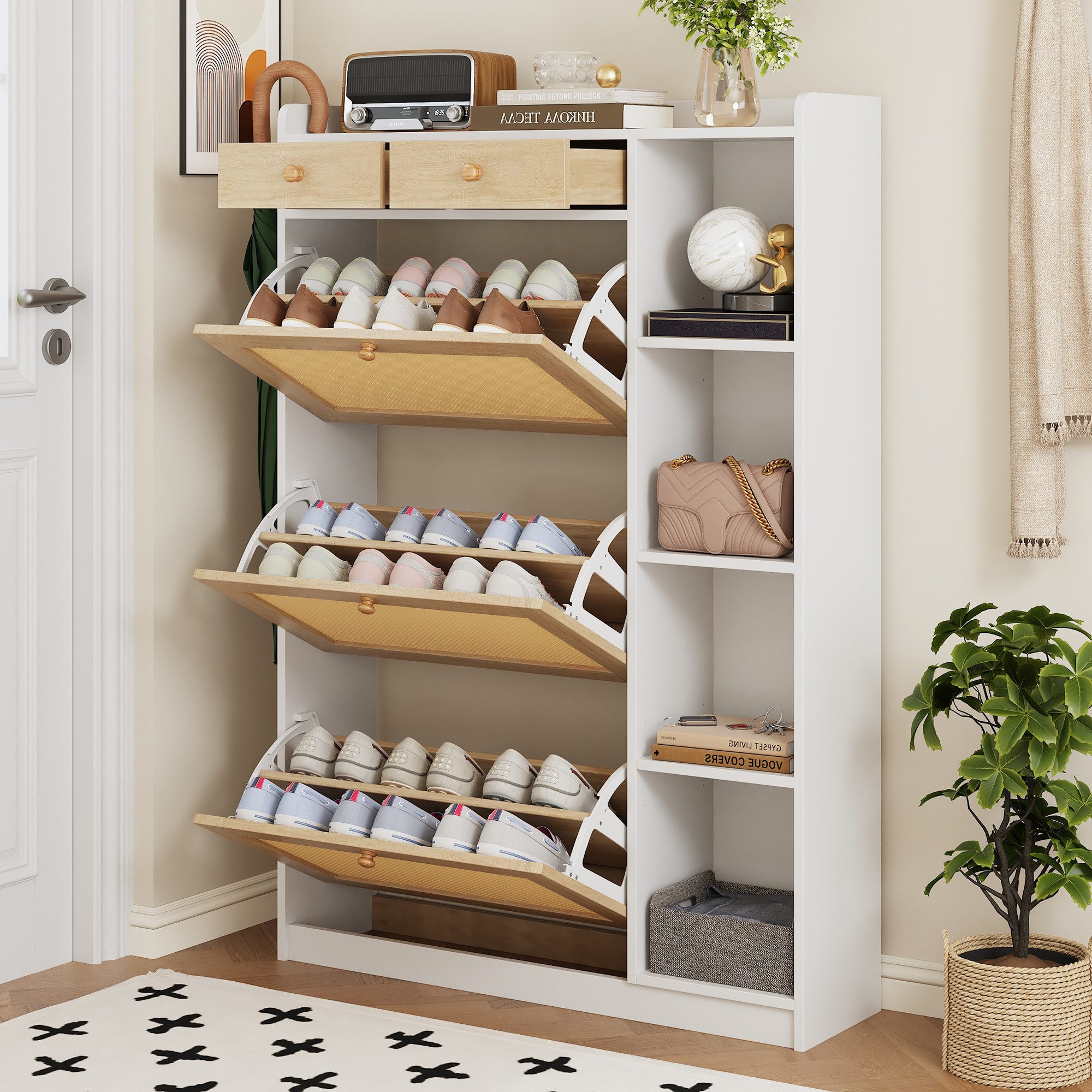 i@home Schuhkipper Schmaler Schuhschrank aus Rattan mit 3 Klappfächern, verstellbaren Einlegeböden, seitlichen offenen Ablagen, 90×24×103 cm