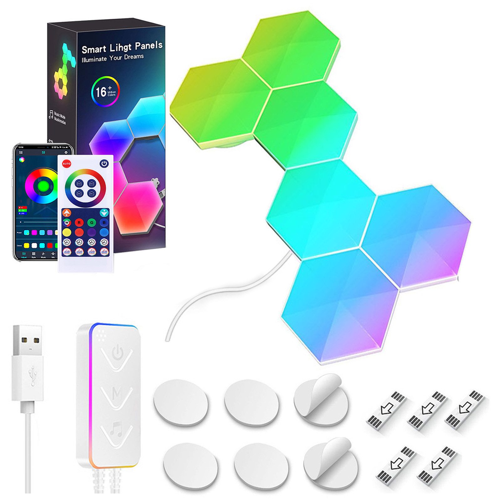 Jibenhome LED Dekolicht LED Sechseck Gaming Wandleuchte Timer RGB Panel Hexagon Waben Wanddeko, APP & Fernbedienung, Musik Sync Deko