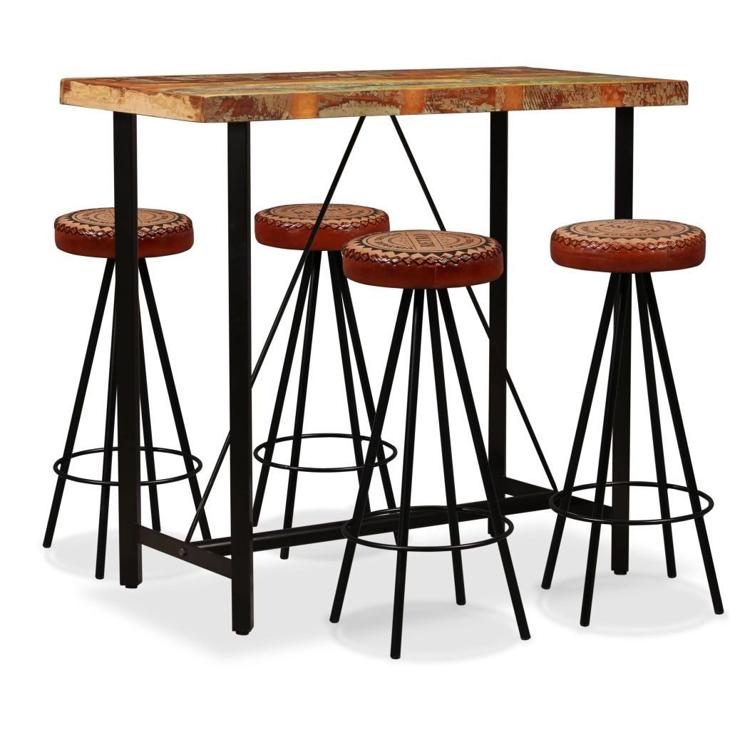 vidaXL Sitzgruppe 5-tlg Bar-Set Altholz Massiv Echtleder und Canvas Hochstühle Barhocker