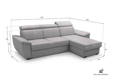 Furnix Ecksofa NESPIR Polsterecke in L-Form mit Schlaffunktion und Bettkasten, Maße 258x99x170 cm, Liegefläche 130x202 cm, einstellbare Kopfstützen