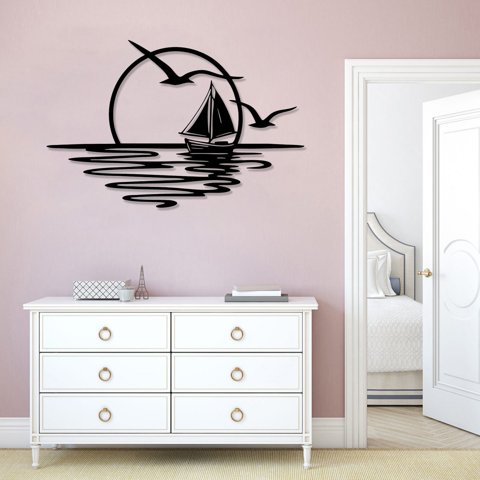Jumpeak Wanddekoobjekt Wanddeko mit Segelbooten und Möwen,Sonnenaufgang,Sonne,Meer,Seefahrt, Metall,4 Farben,4 Maße,Wasserwellen, Strichkunst,Natürliche Atmosph – Bild 4 von 5