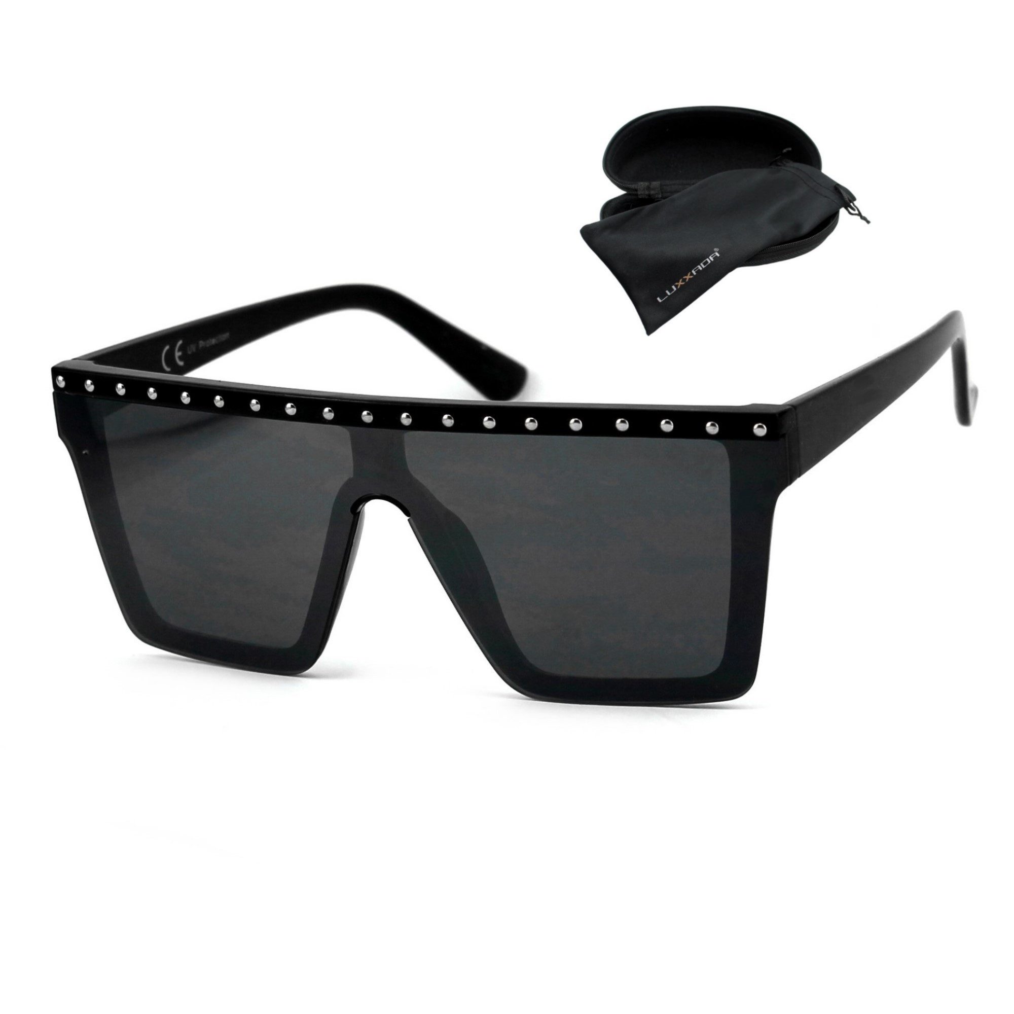 Vaccari-design Sonnenbrille (Damen Festival Techno Brille mit Hardcase) Raver Festival Brille Große Gläser Flattop mit Nieten
