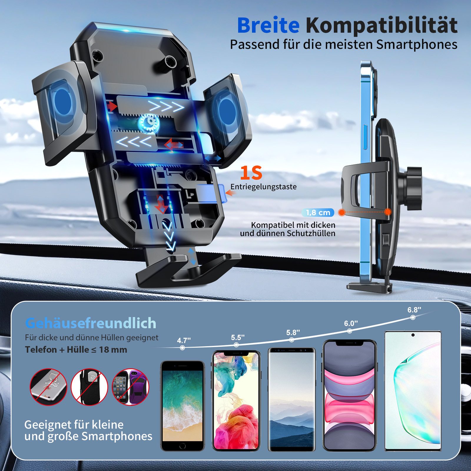 Teendow Smartphone-Halterung 3-in-1-Autotelefonhalterung mit starkem Saugnapf