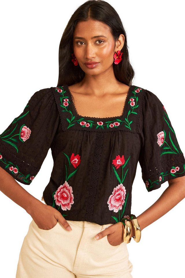 Love & Roses Kurzarmbluse Love & Roses bestickte Bluse mit Carrée-Ausschnitt (1-tlg)