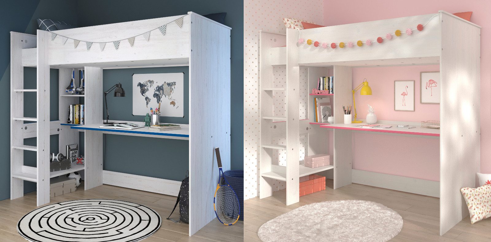 Parisot Tivaro youth bedroom set (loft bed (90x200) with desk and chest of drawers, pine white with blue or pink), no slatted base required