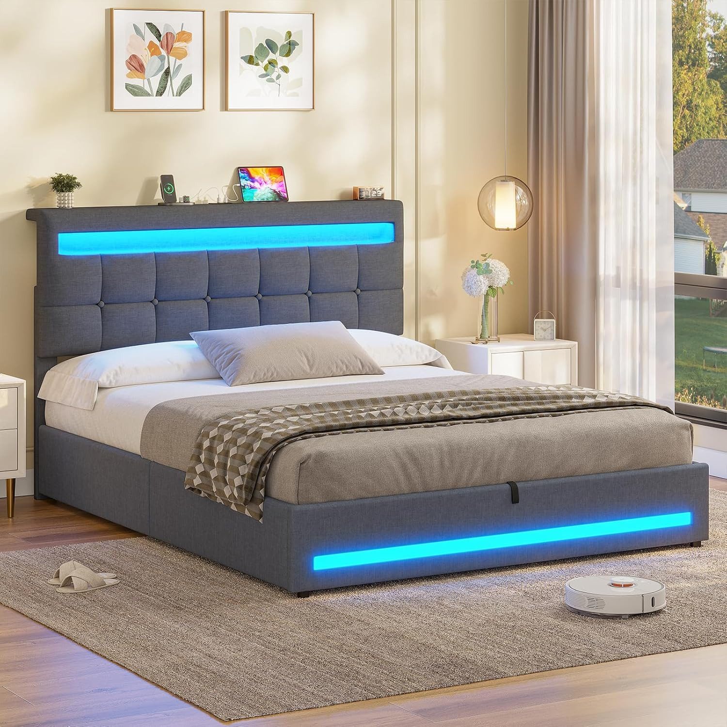 MSMASK Polsterbett Jugendbett mit LED Beleuchtung und Ladestation, Hydraulisches Bett (Ohne Matratze), mit Höhenverstellbares Kopfteil und Stauraum – Bild 4 von 5