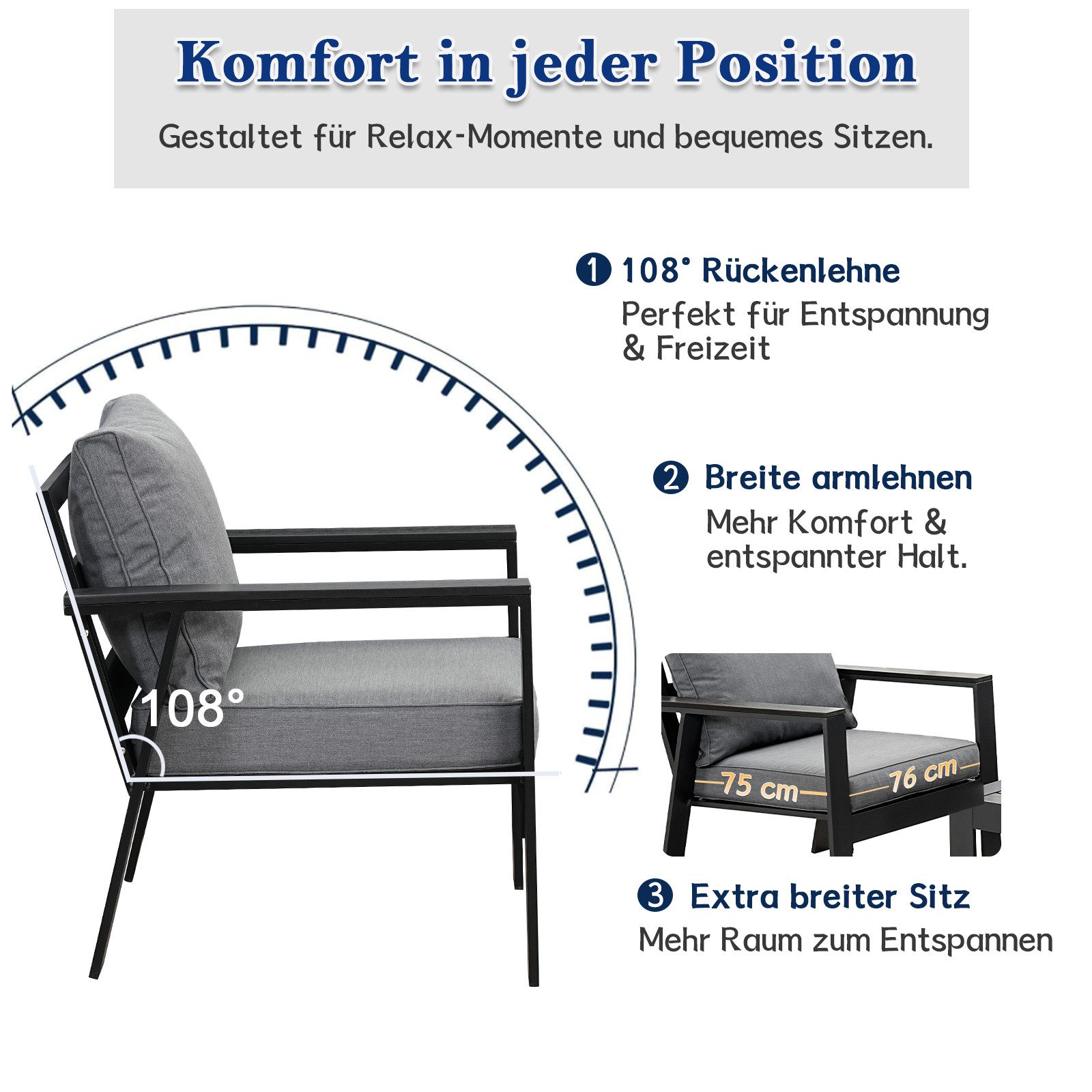 MeXo Gartenlounge-Set Aluminium Balkonmöbel Set Wetterfest, (Einteiliges Premium Sitzkissen 10cm, 2-tlg., Loungetisch 100x50cm), Balkon Lounge Set klein, Balkonsofa 2 Sitzer