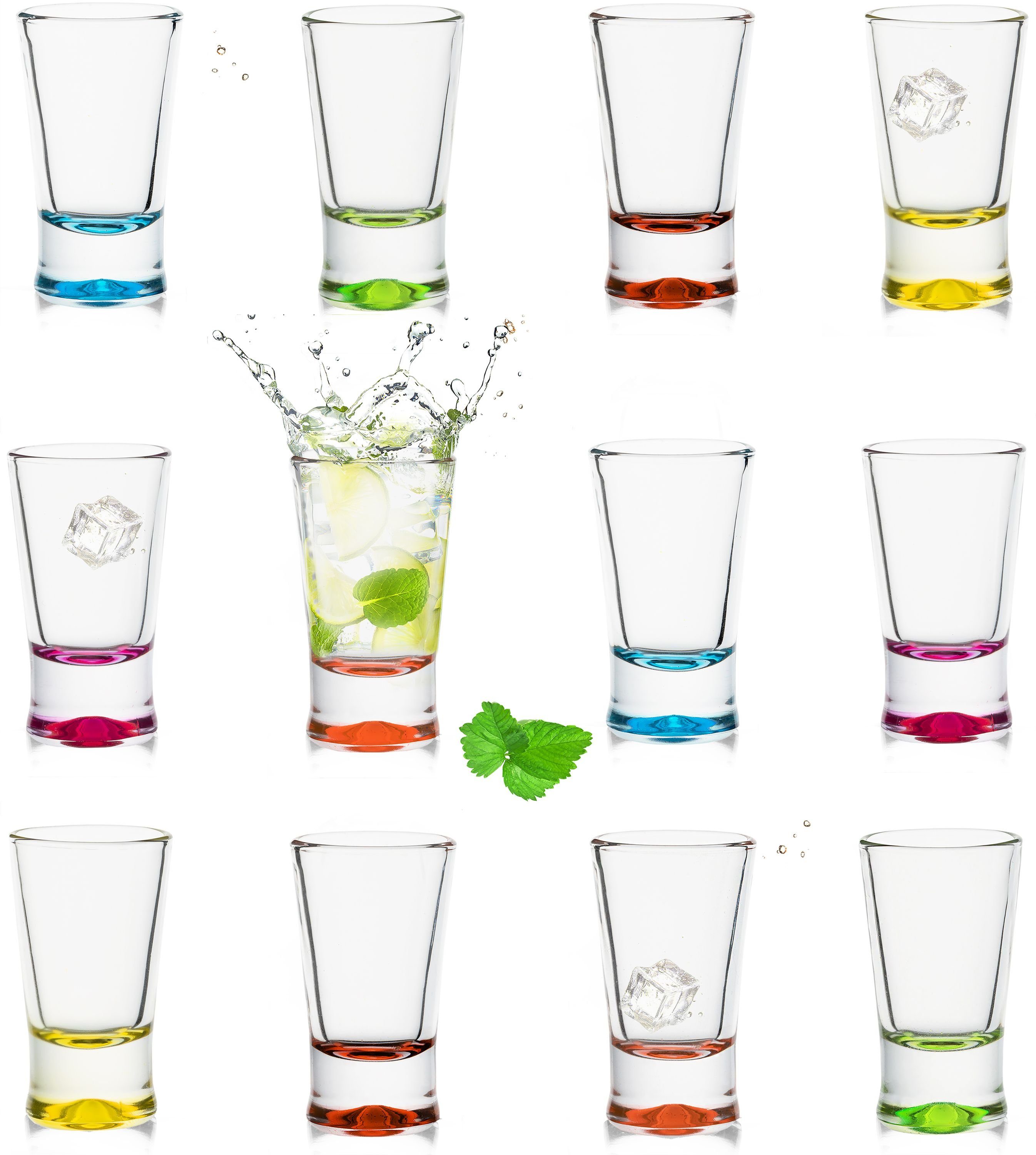 PLATINUX Schnapsglas Shotgläser, Glas, Set 12 Teilig bunt Schnapsgläser  2,5cl Tequilagläser Wodkagläser Pinnchen